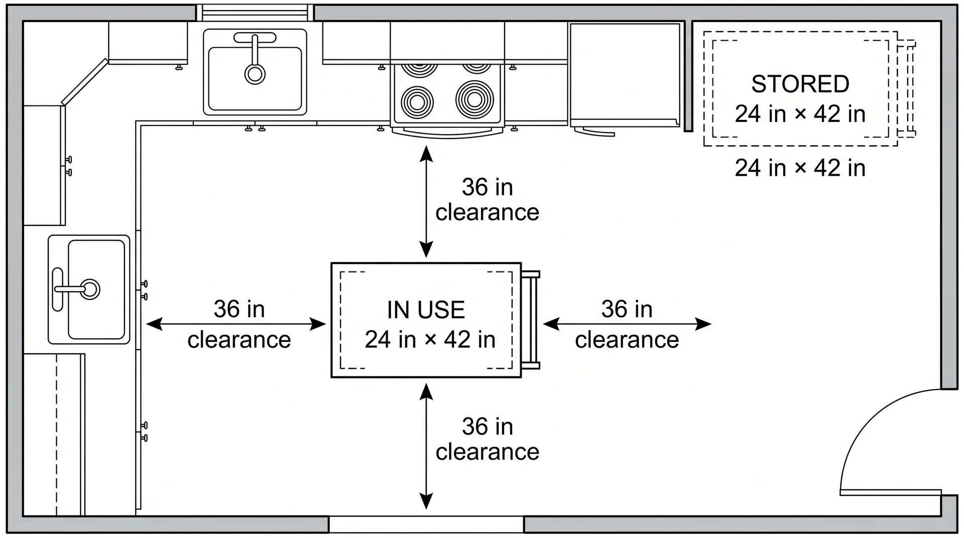 L-shaped kitchen floor plan showing a rolling island cart in two positions — in use in the center and stored against the wall — with clearance dimensions