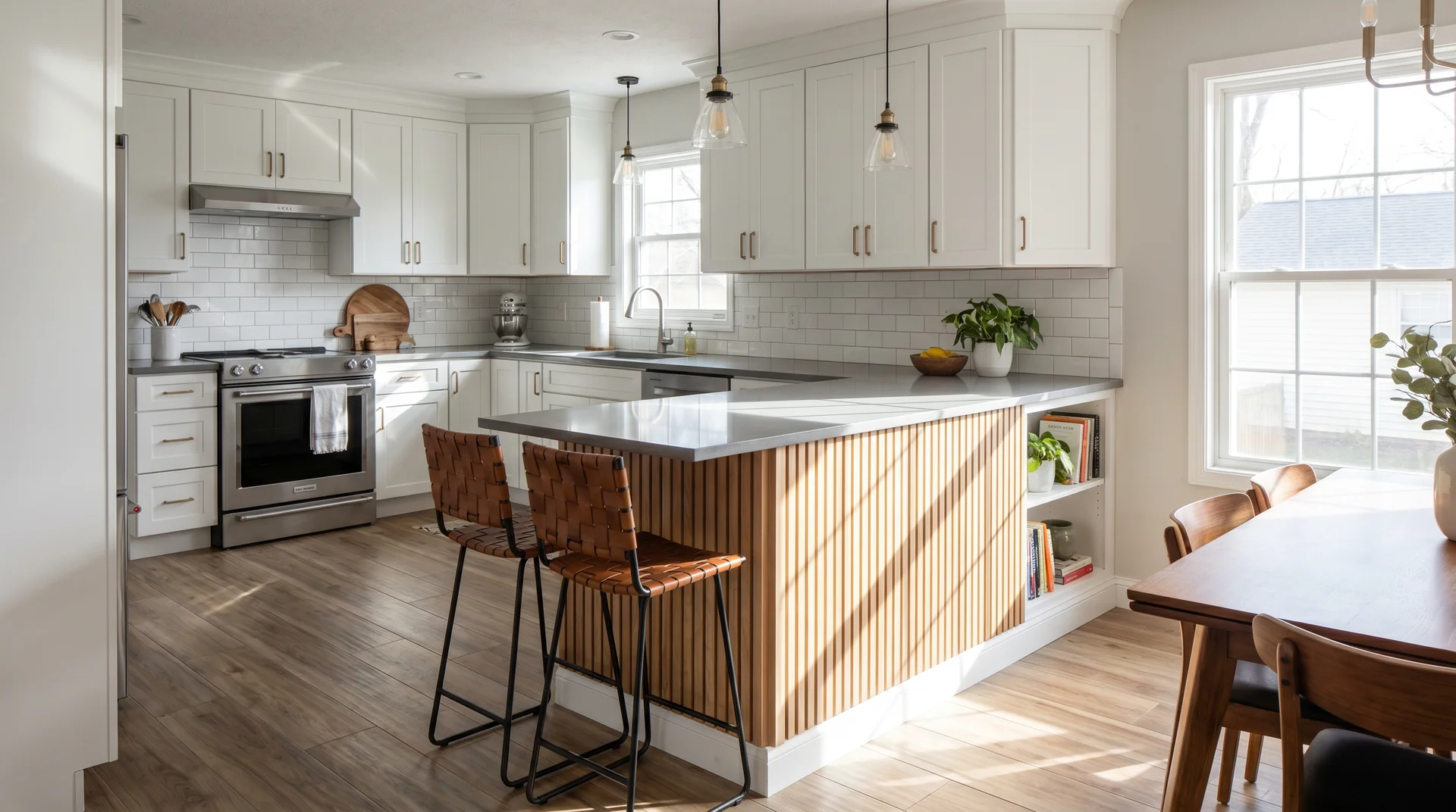 L-shaped kitchen with peninsula extension and two bar stools, showing connected counter design
