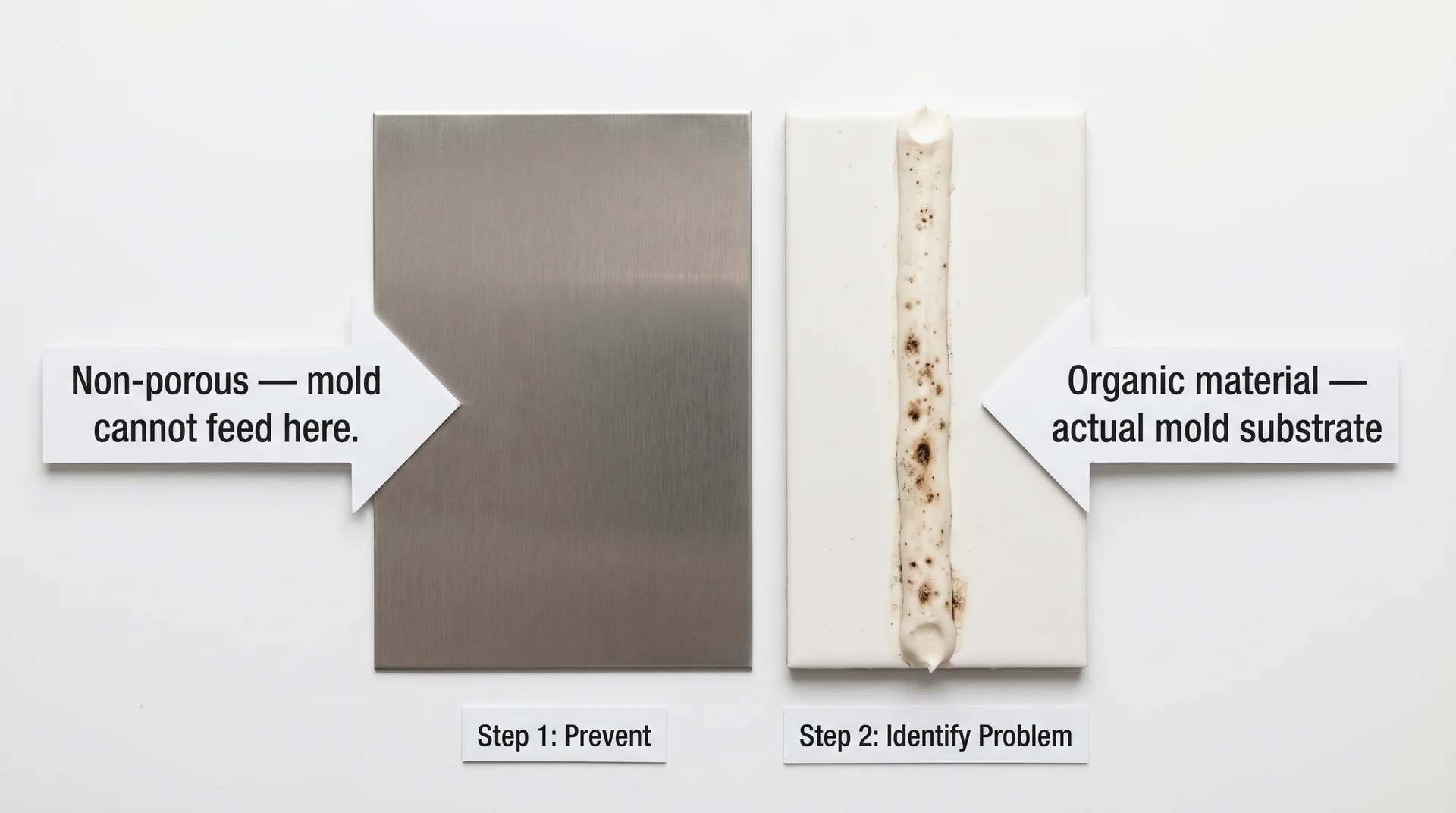 Labeled diagram comparing stainless steel surface to caulk seam showing where mold actually grows in a kitchen

