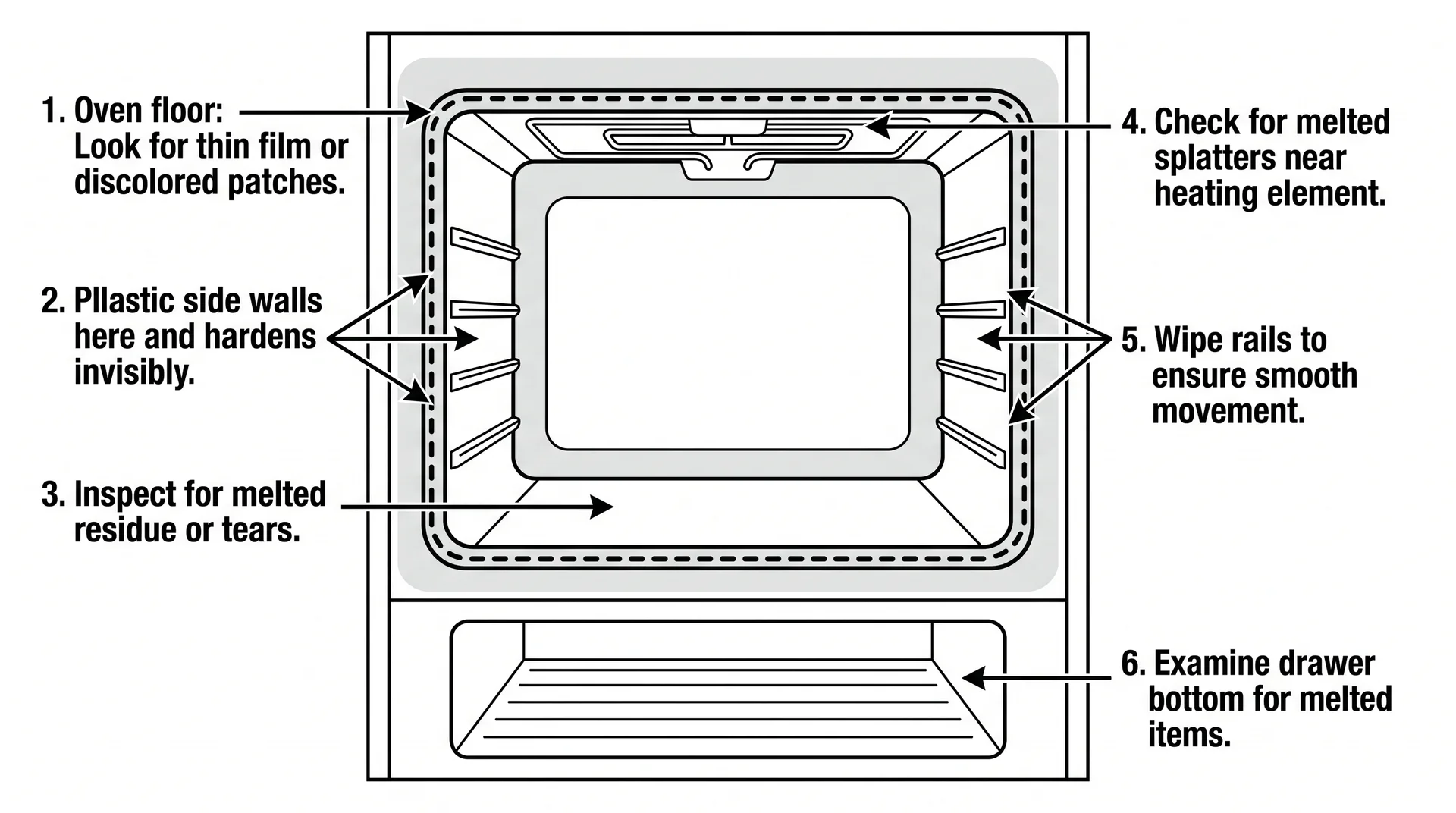 Labeled diagram of oven interior showing six locations where melted plastic debris commonly hides after heating