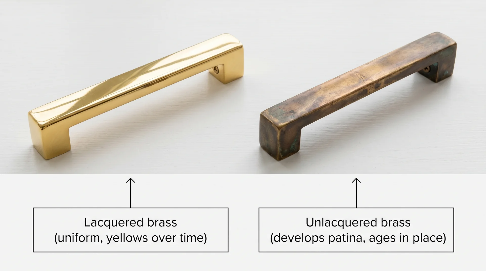 Lacquered brass versus unlacquered brass cabinet pulls showing aging and tonal difference side by side 