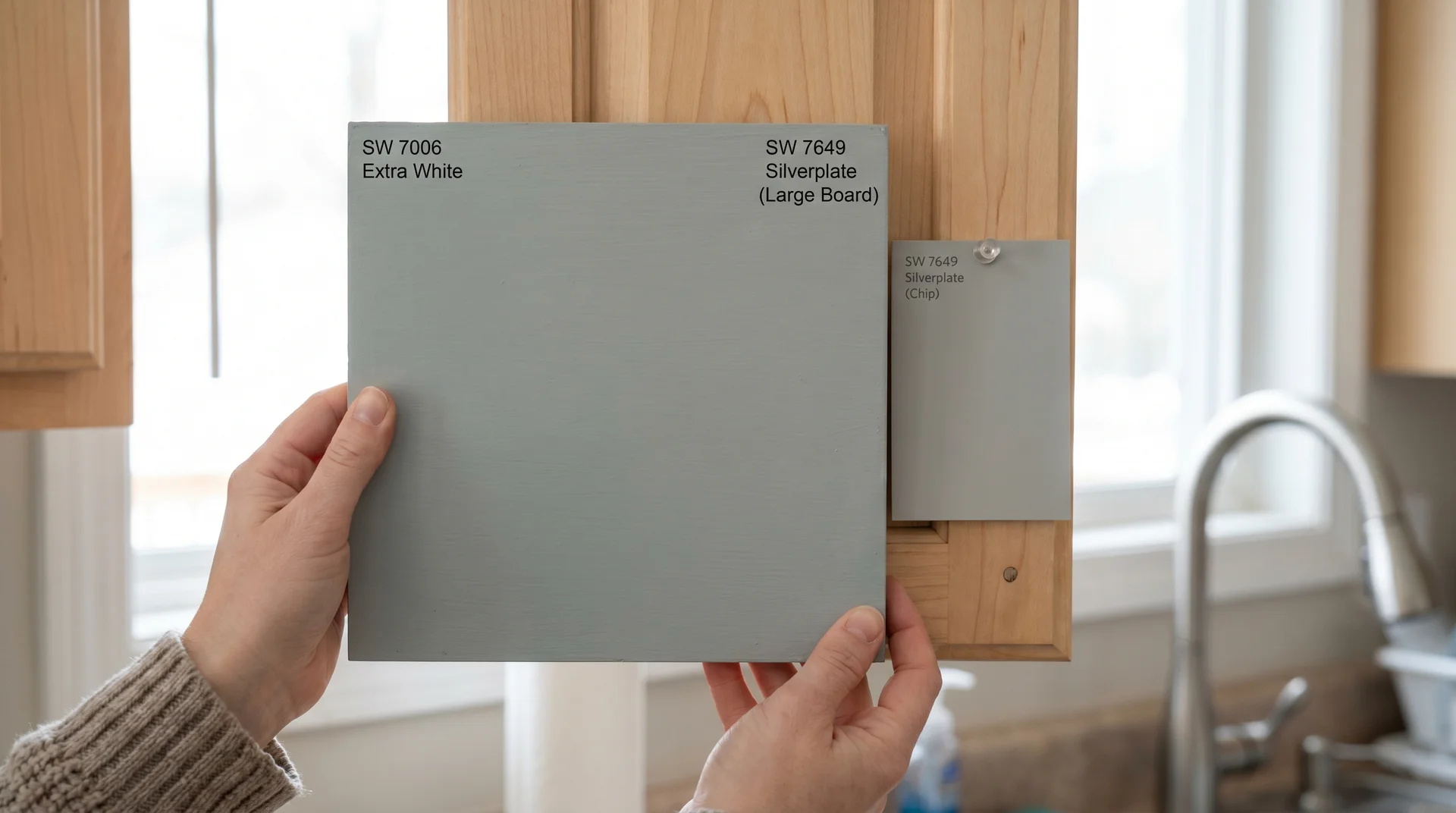 Large paint sample board held against a kitchen cabinet revealing undertone shift not visible on a small chip