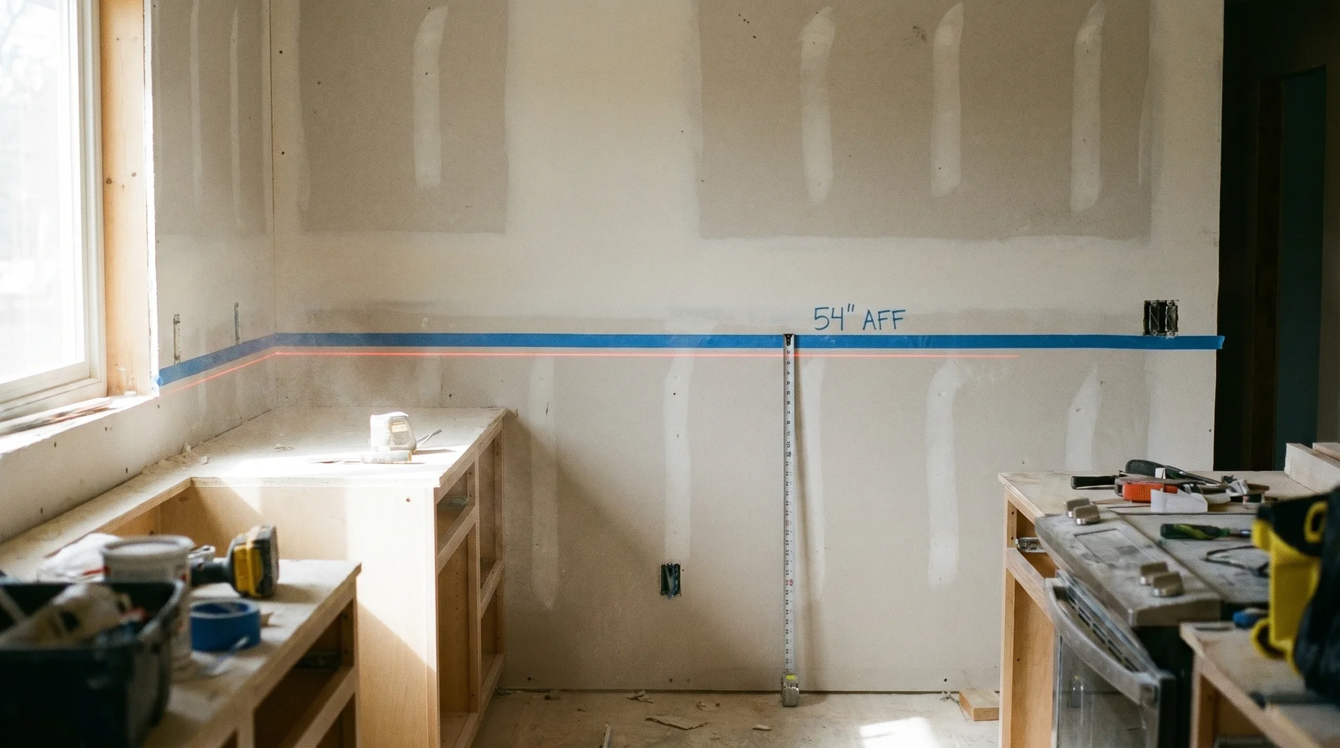 Laser level and tape measure marking upper cabinet height on kitchen wall during renovation