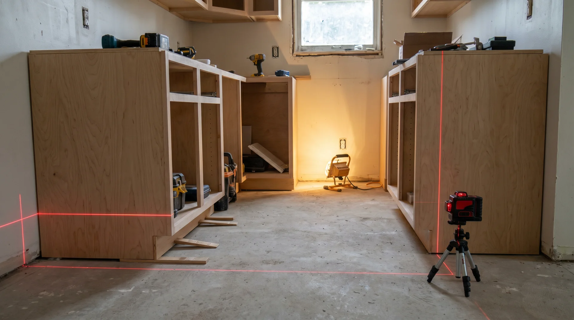 Laser level line on kitchen floor establishing high point for cabinet installation