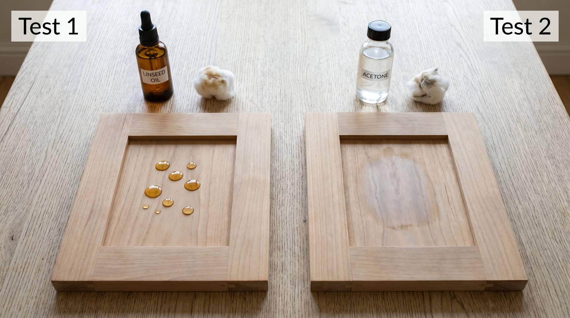 Linseed oil and acetone test setup for identifying kitchen
cabinet finish type before cleaning