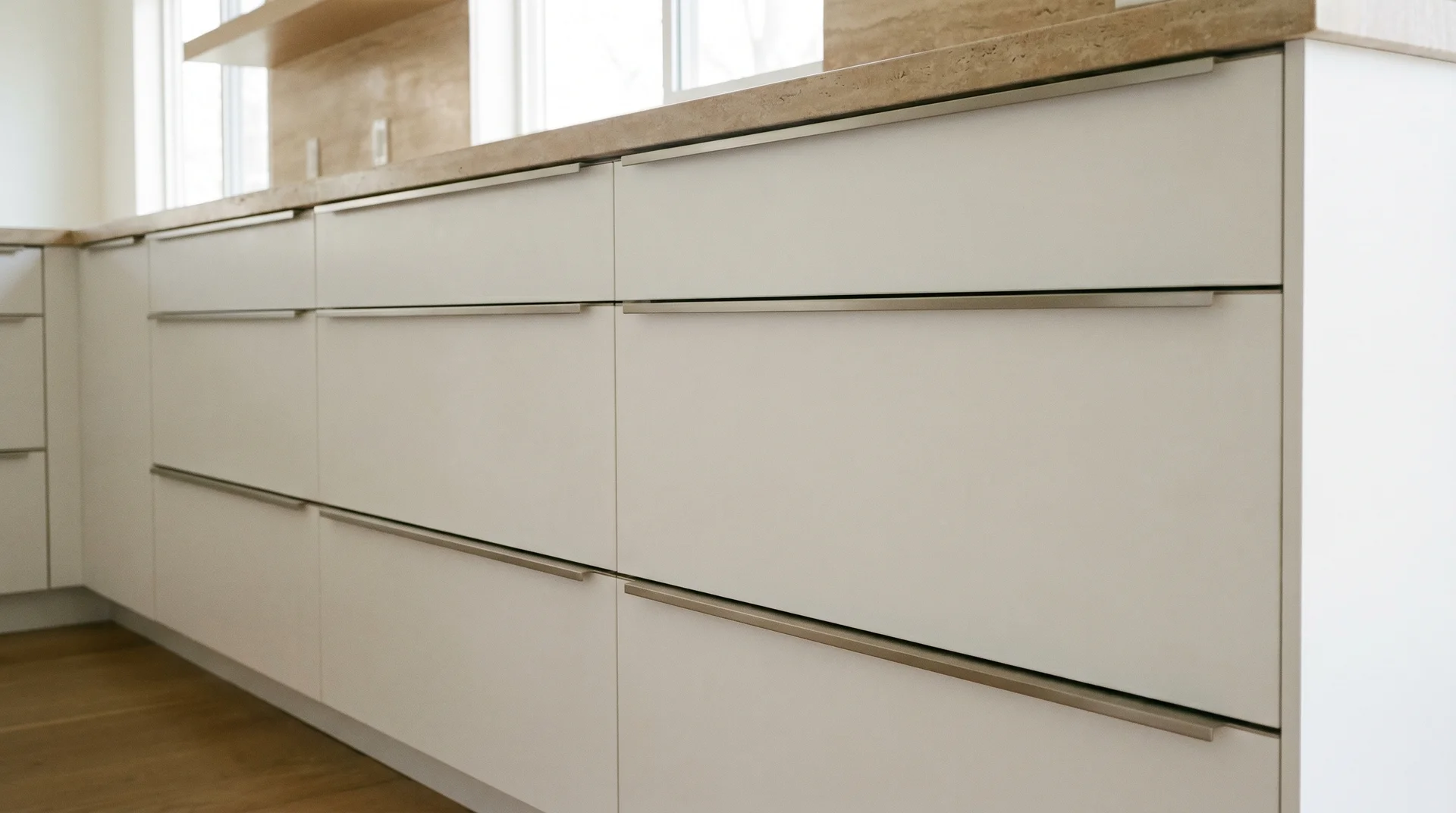 Long full-width bar pulls spanning white lower cabinet drawers creating a clean architectural effect 