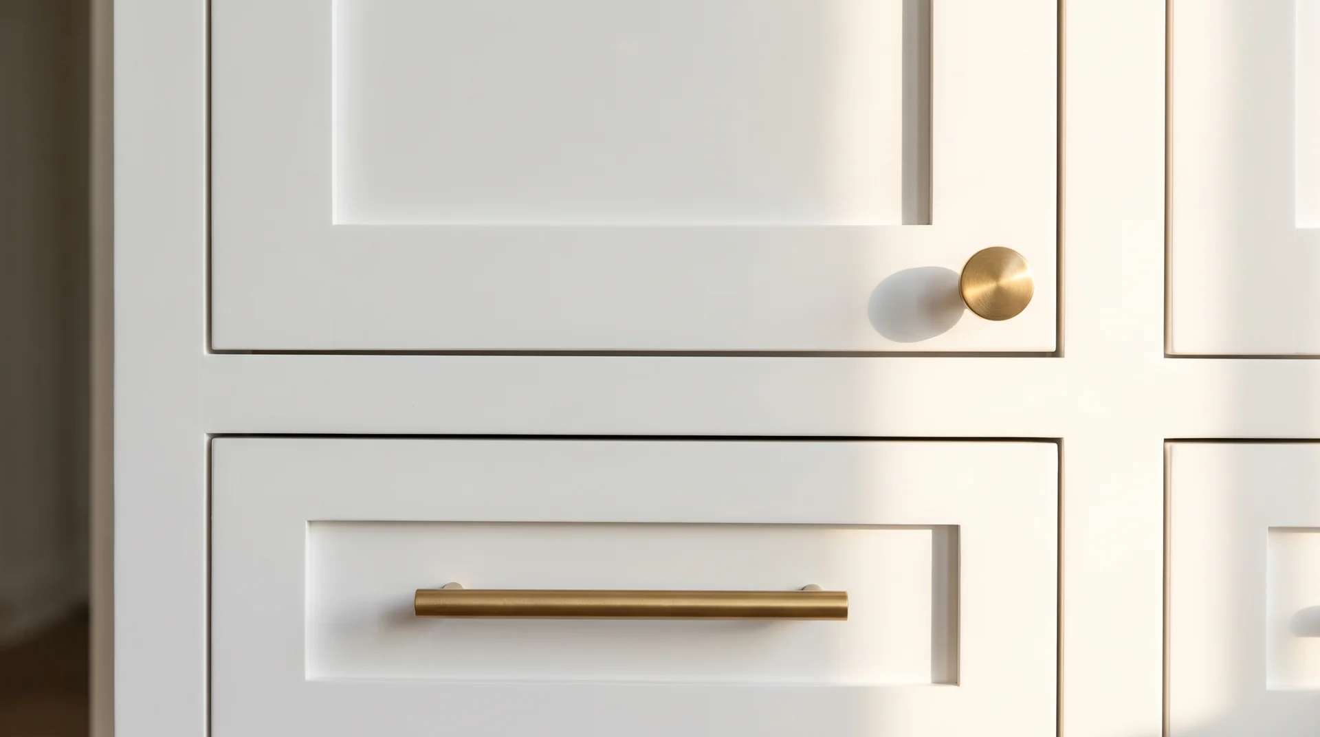 Matching brushed brass knob on upper cabinet door and bar pull on lower drawer showing same-finish mixed hardware approach 