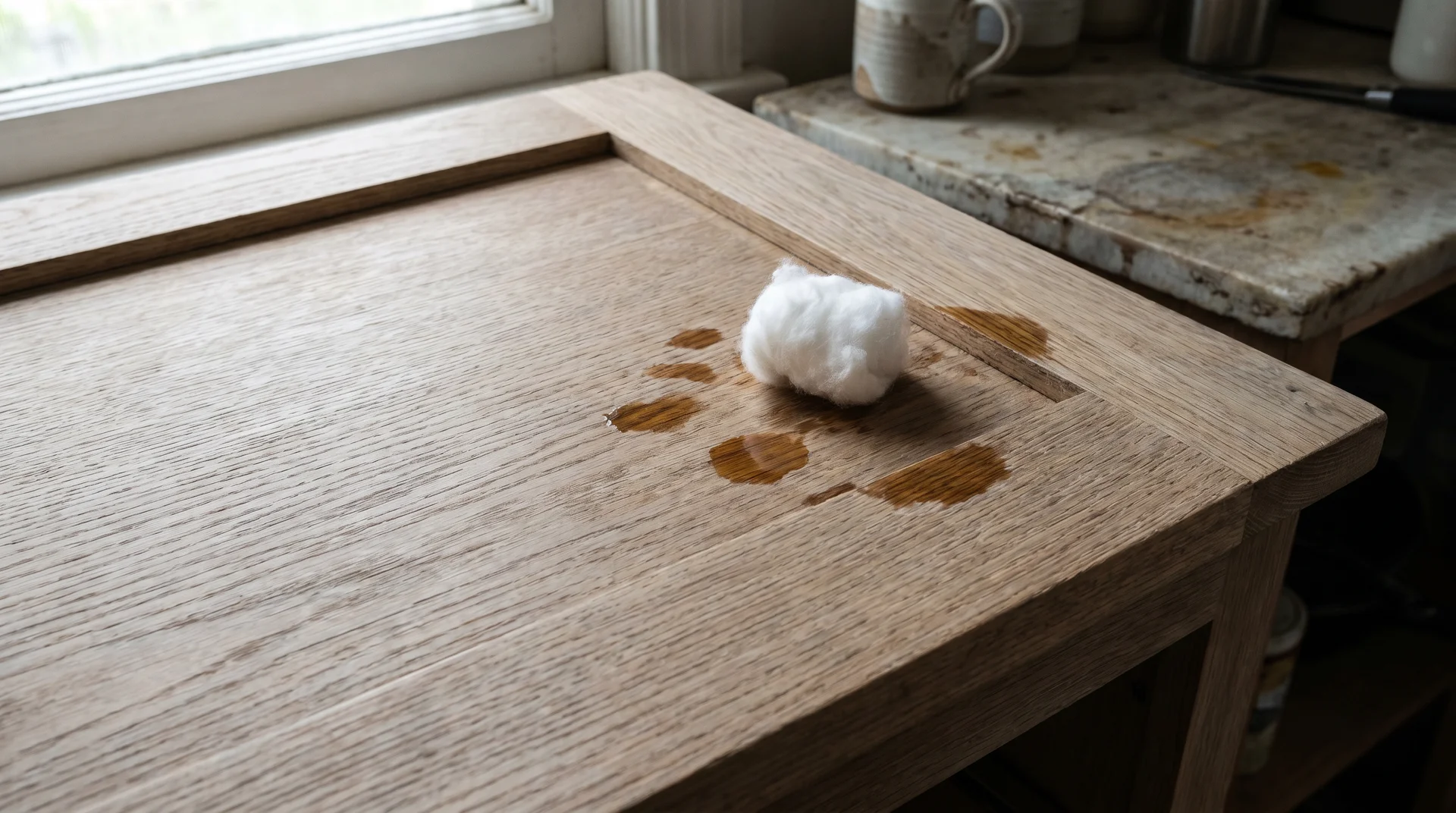 Matte oil-finished wood cabinet surface showing linseed oil absorbing into the grain rather than beading on top