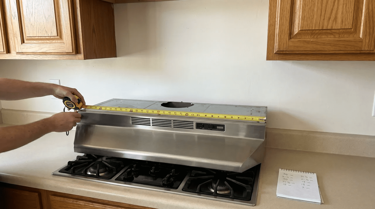 Hands measuring range hood insert with tape; notepad with dimensions beside it on counter
