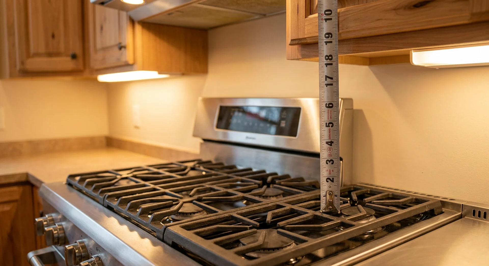 Measuring clearance from cooktop surface to upper cabinet bottom, kitchen installation
