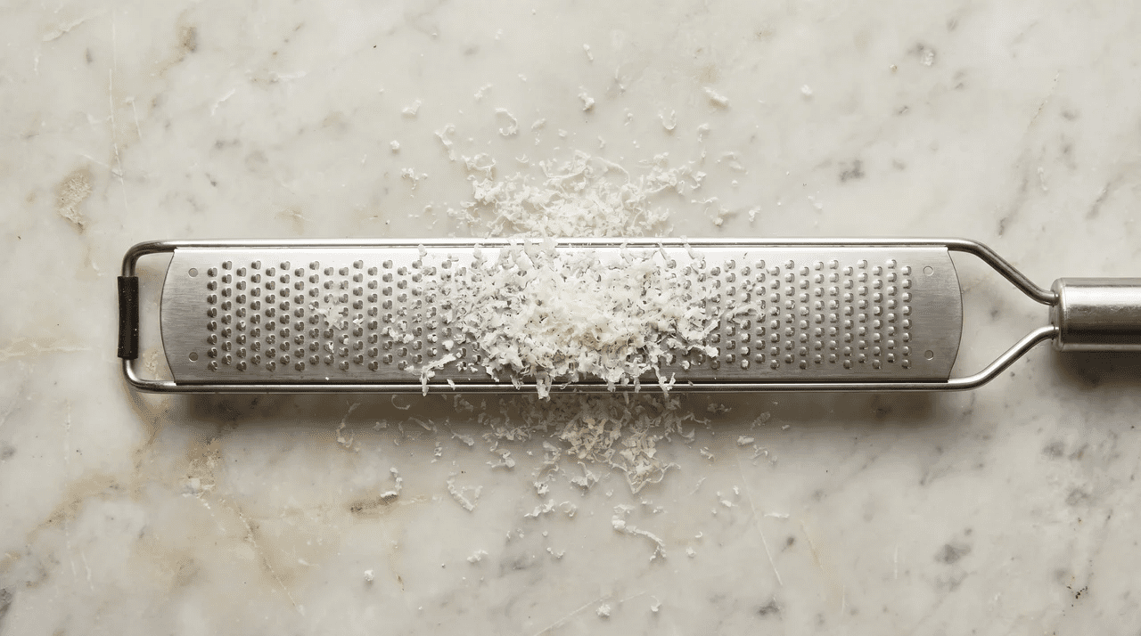 Long narrow stainless steel microplane rasp grater lying flat with fine powdery cheese shavings on its surface