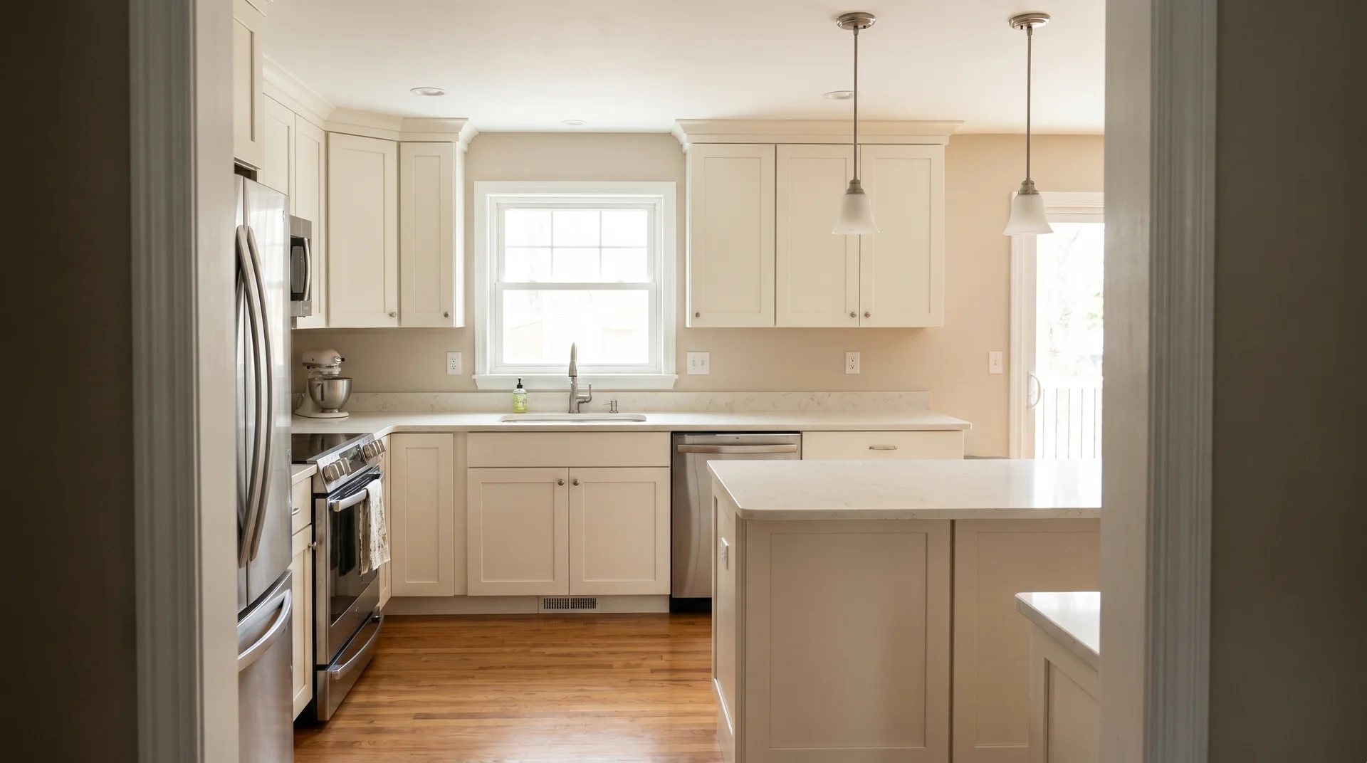 Mid-range kitchen remodel with white Shaker cabinets, quartz countertop, and pendant lighting above island