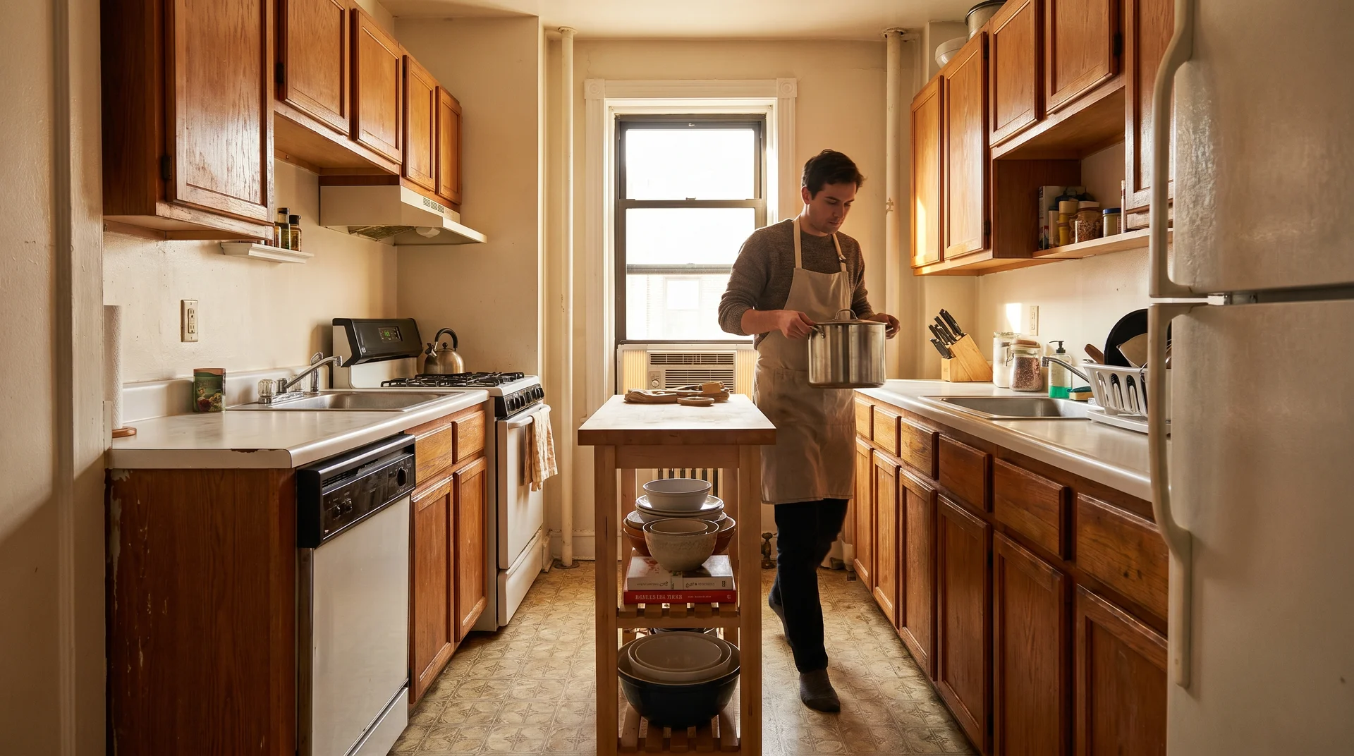Narrow galley kitchen struggling to fit a fixed island