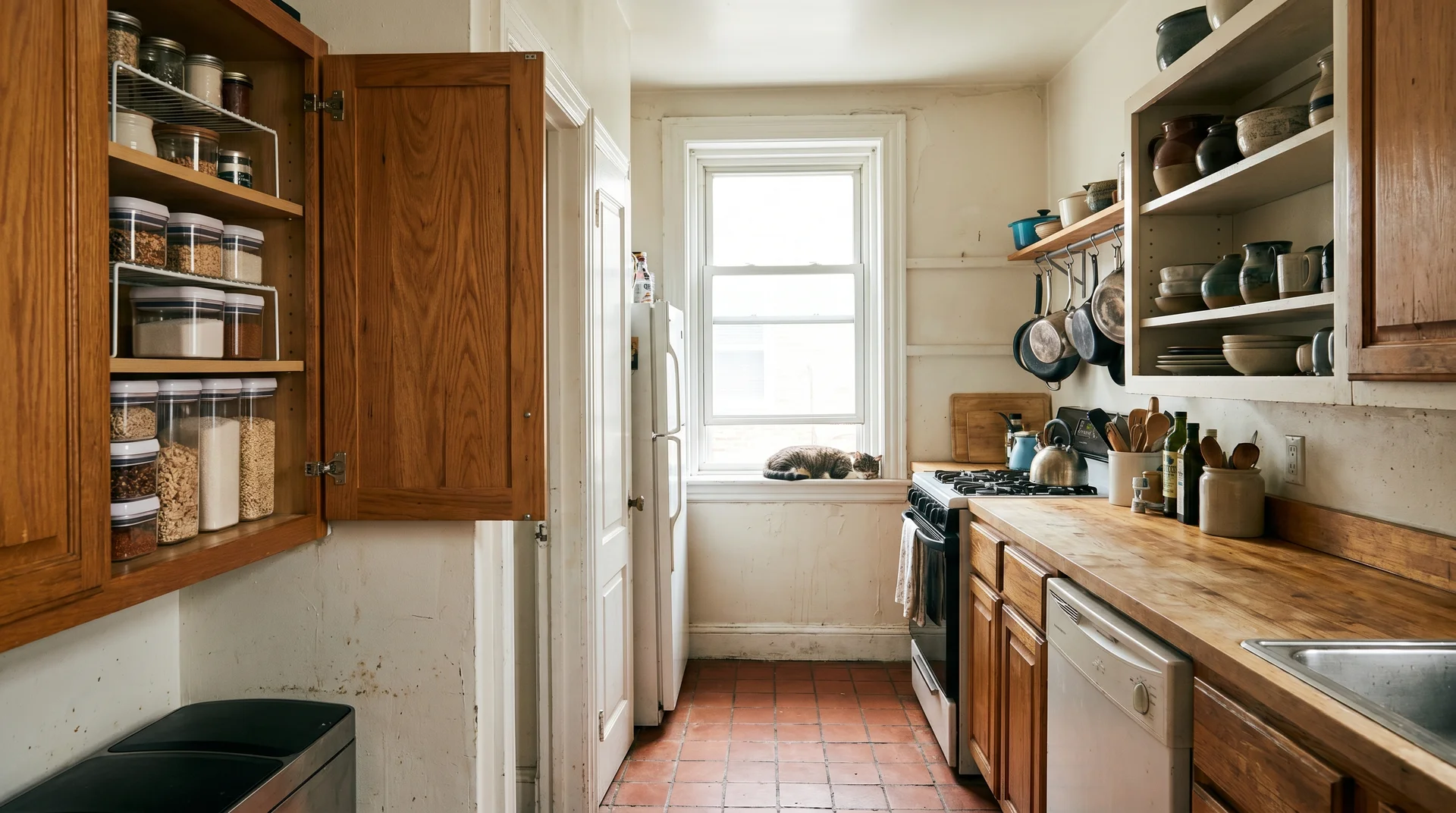 Narrow galley kitchen with one cabinet open showing shelf risers and stackable containers in use

