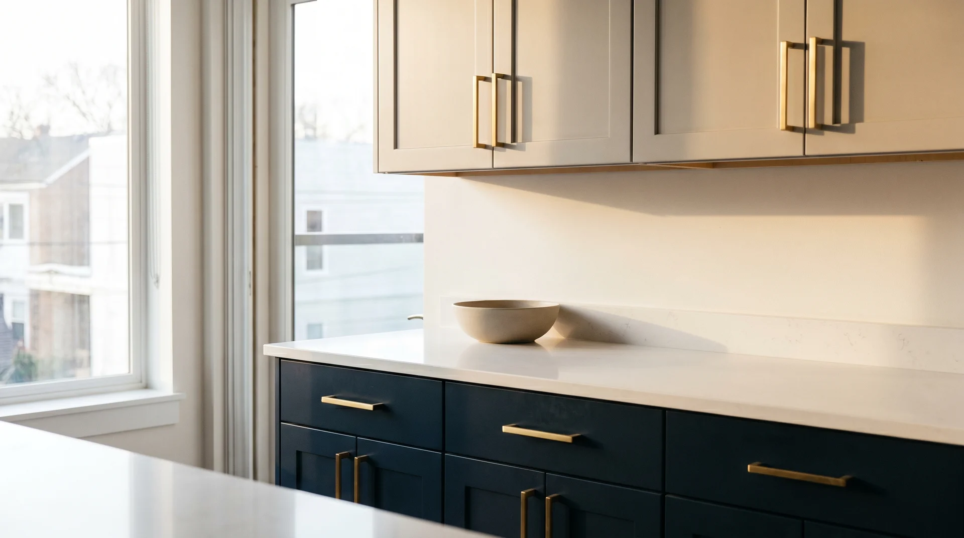 Navy lower and warm gray upper cabinets with brushed brass pulls in a well-lit residential kitchen