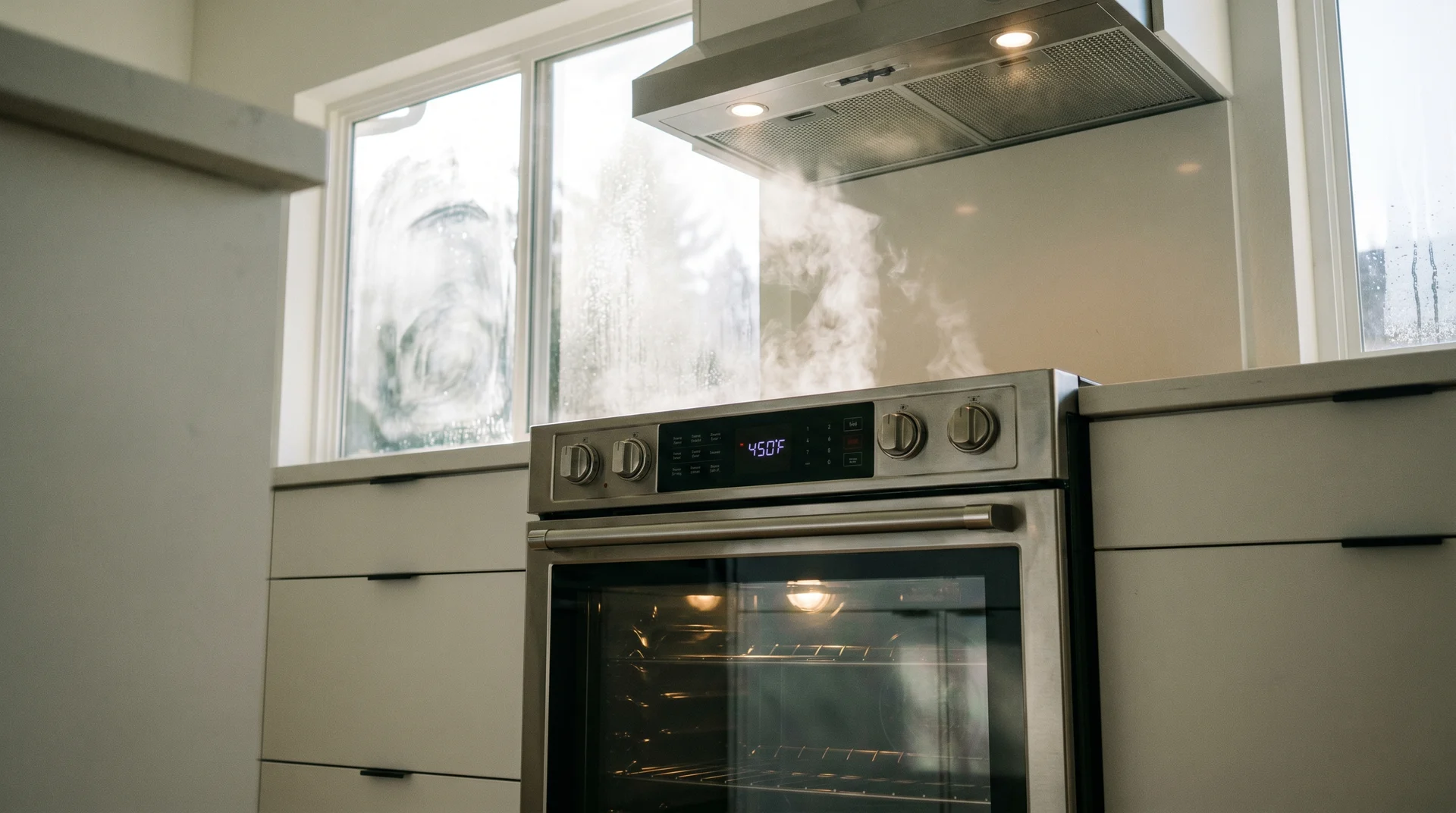 New oven running at 450 degrees during burn-in cycle with kitchen ventilated, no food inside