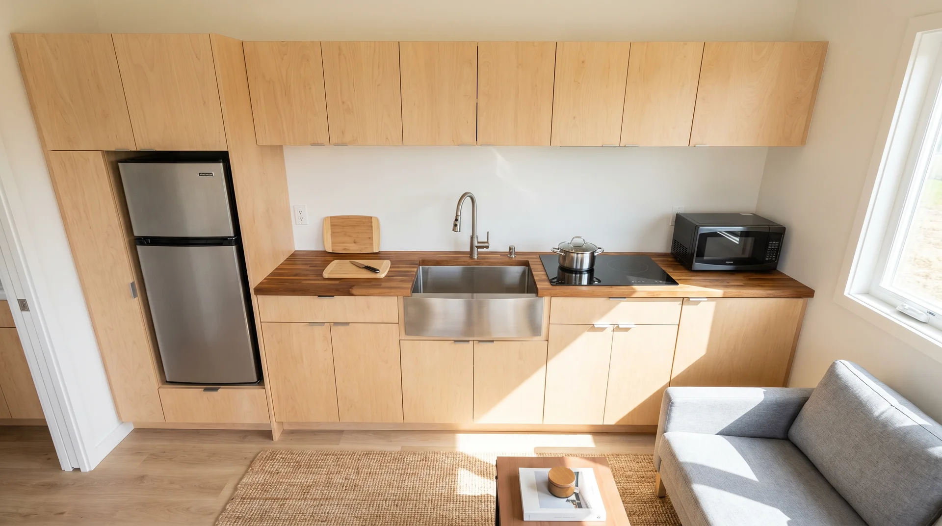 One-wall tiny house kitchen with refrigerator, sink, and induction cooktop in a single 8-foot run open to the living area
