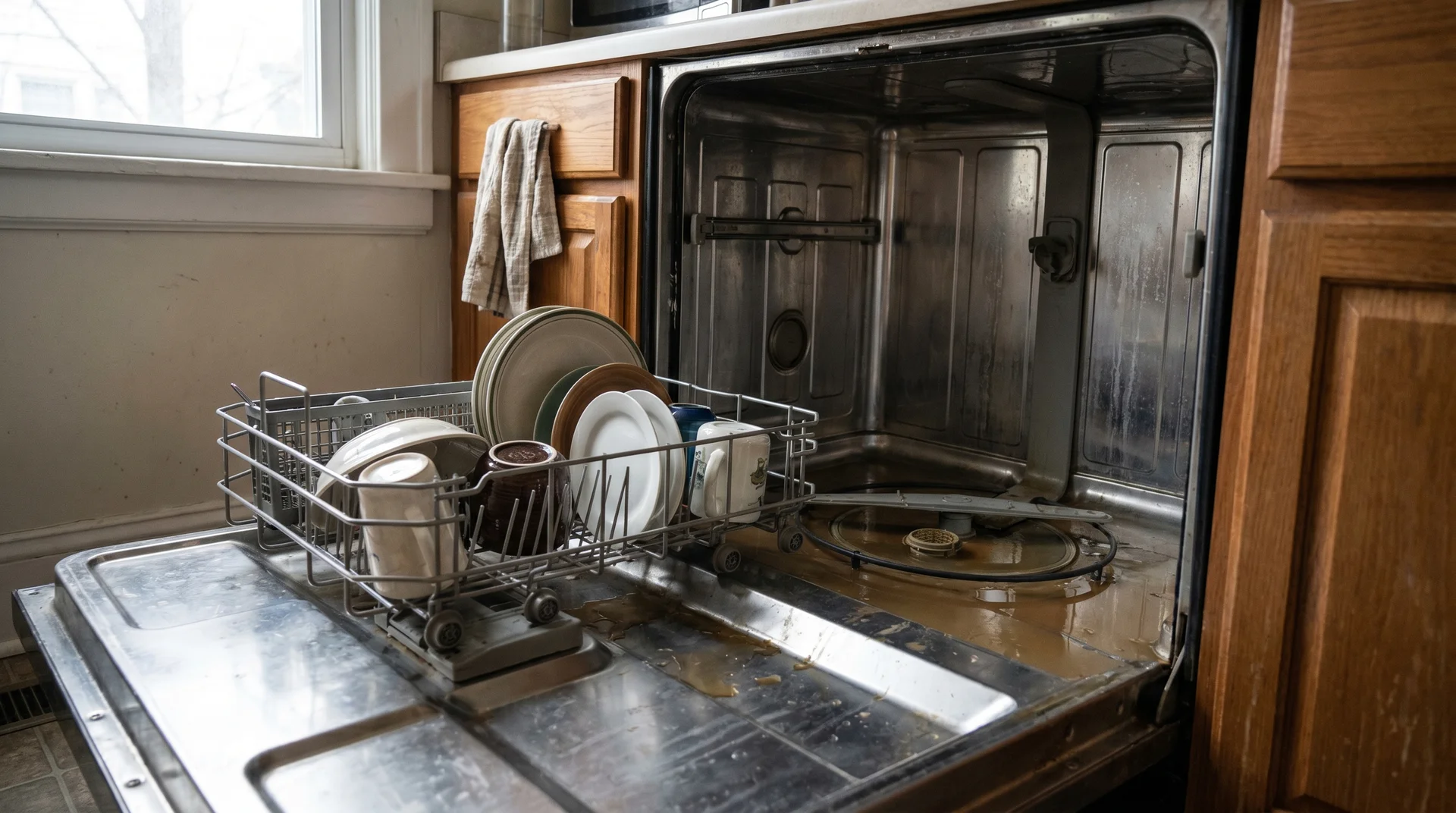 Open dishwasher with standing water visible at bottom after cycle, filter housing exposed at center