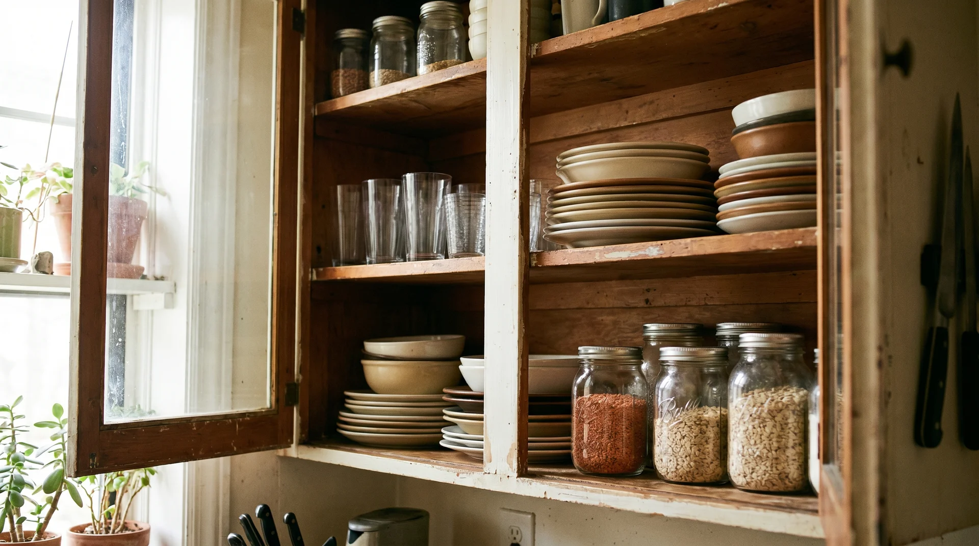 Open kitchen cabinet with neatly stacked plates and glasses organized by type