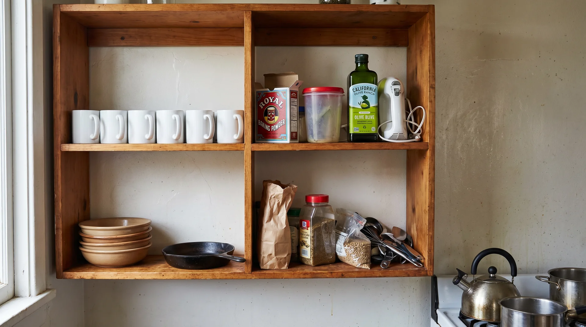Open shelving in tiny kitchen showing well-edited daily items on the left and cluttered baking supplies near stovetop on the right
