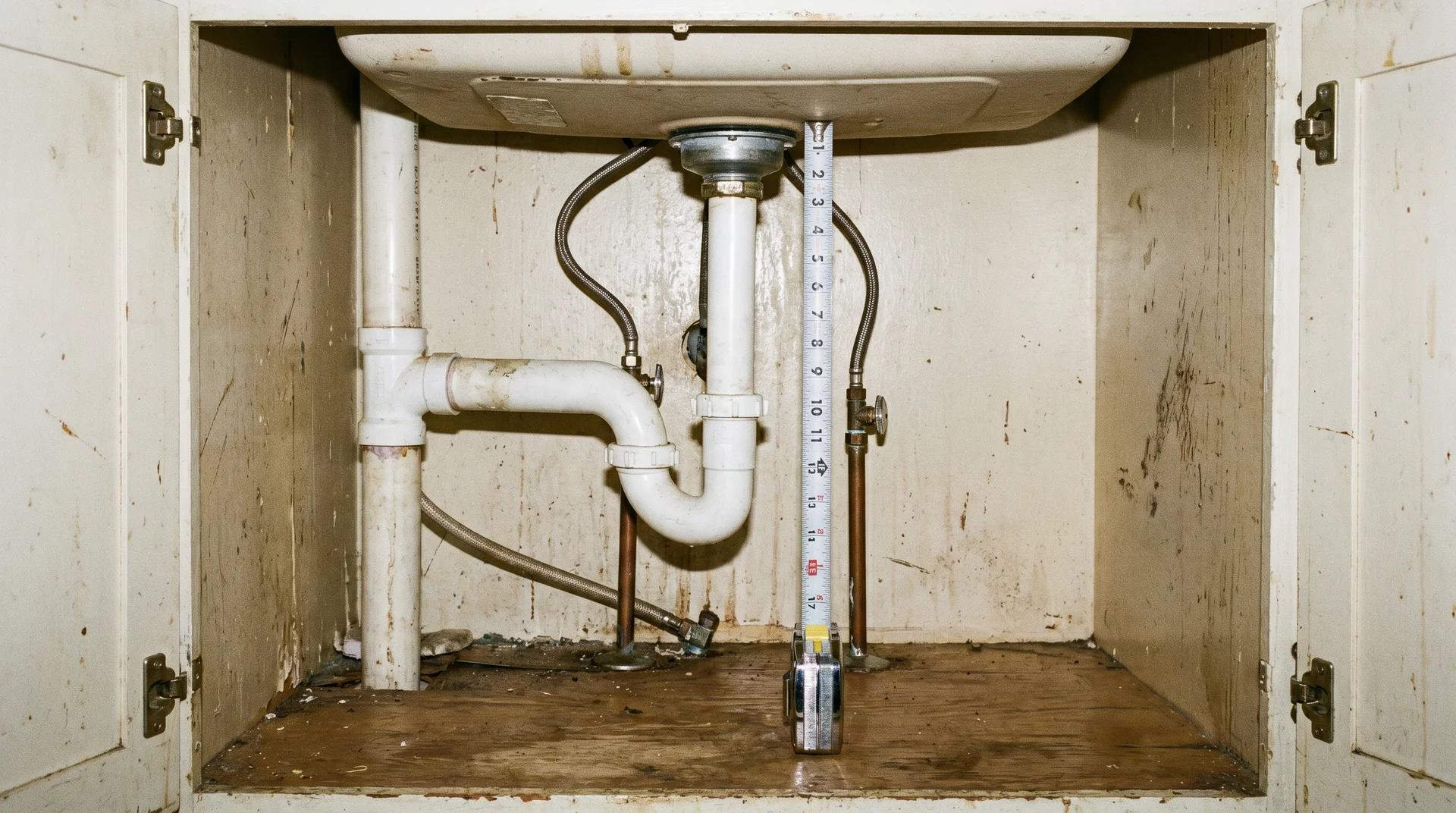 Open under-sink cabinet interior with measuring tape showing height clearance next to drain pipe and shutoff valves
