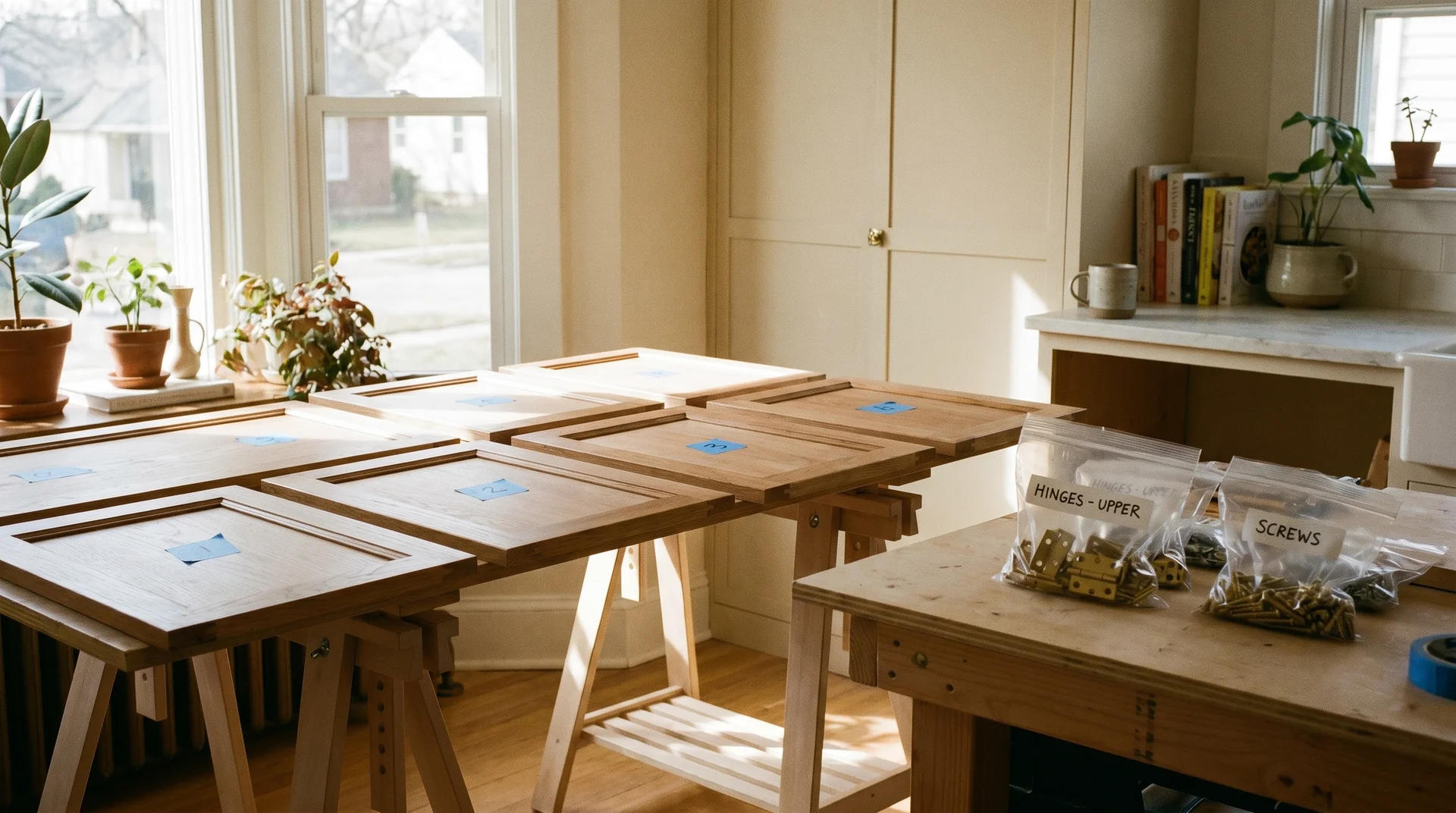 Organized cabinet doors and hardware before painting kitchen cabinets