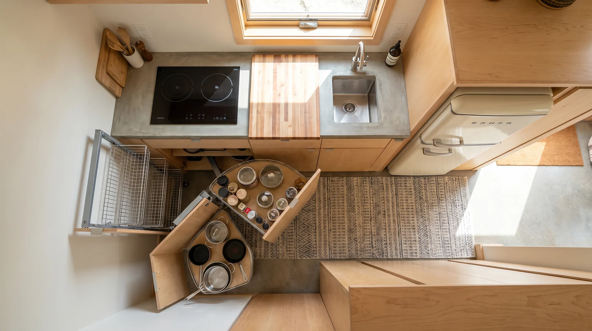 Overhead view of L-shaped tiny house kitchen showing work triangle, lazy Susan corner cabinet, and compact appliance placement
