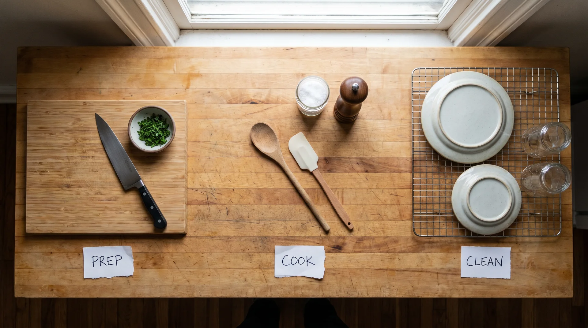 Overhead view of tiny kitchen counter divided into labeled prep, cook, and clean zones with corresponding tools in each
