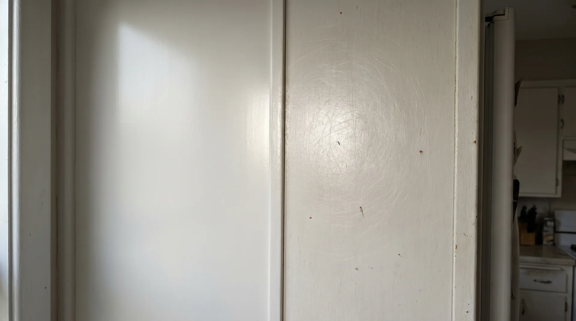 Painted cabinet door showing gloss finish intact on the left versus dull micro-abraded surface on the right from Magic Eraser use