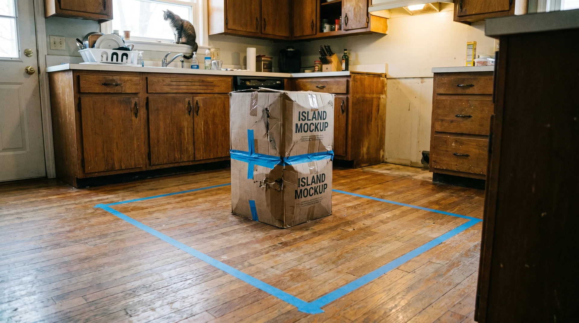 Painter's tape marking planned kitchen island footprint on kitchen floor before installation