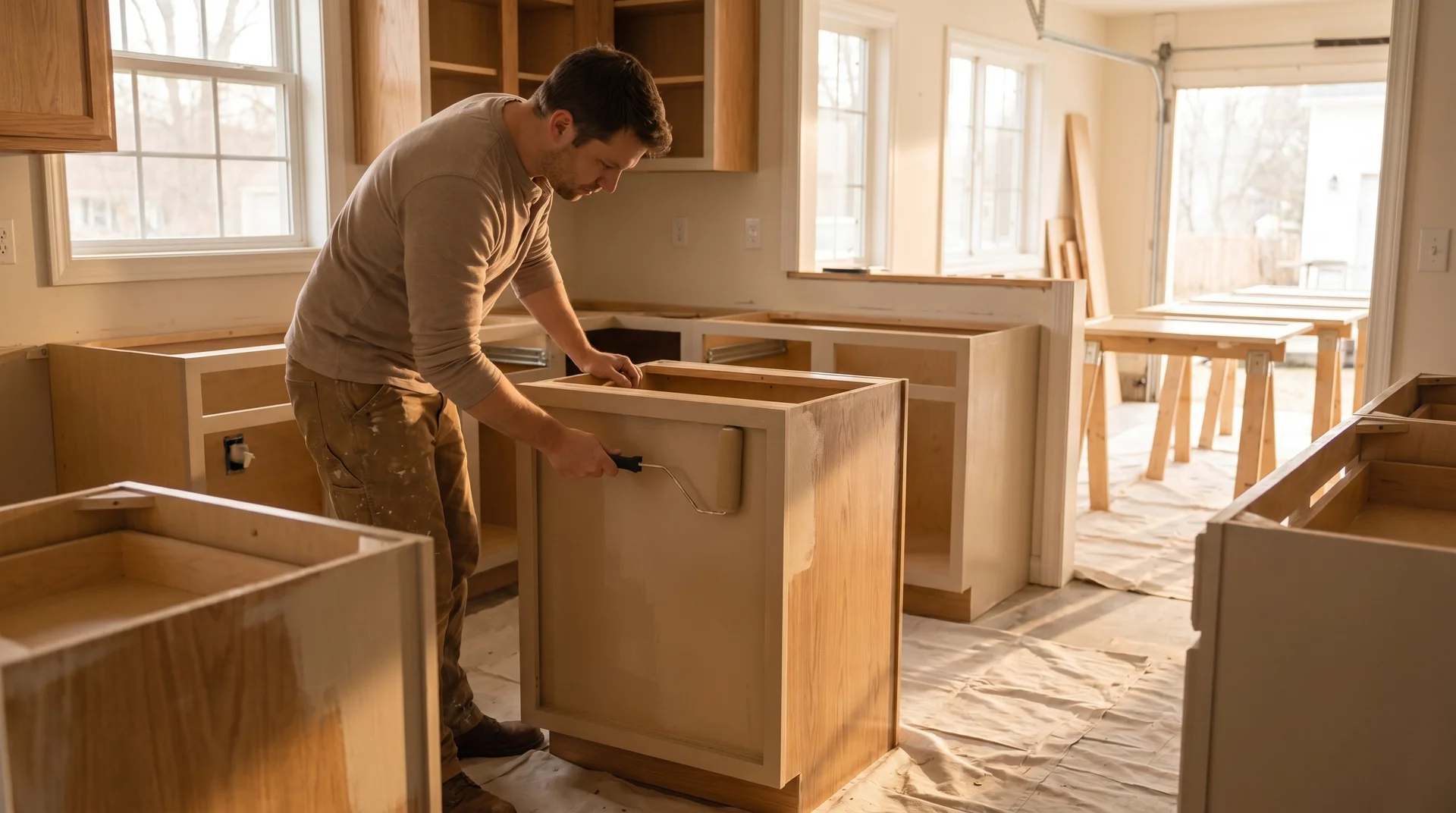 Painting inside kitchen cabinet boxes before the frames