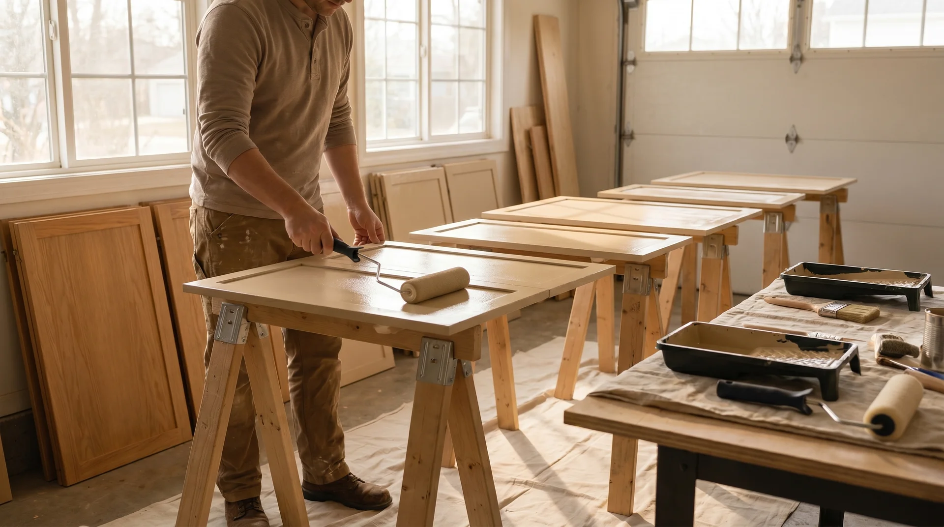 Painting the back side of cabinet doors on sawhorses