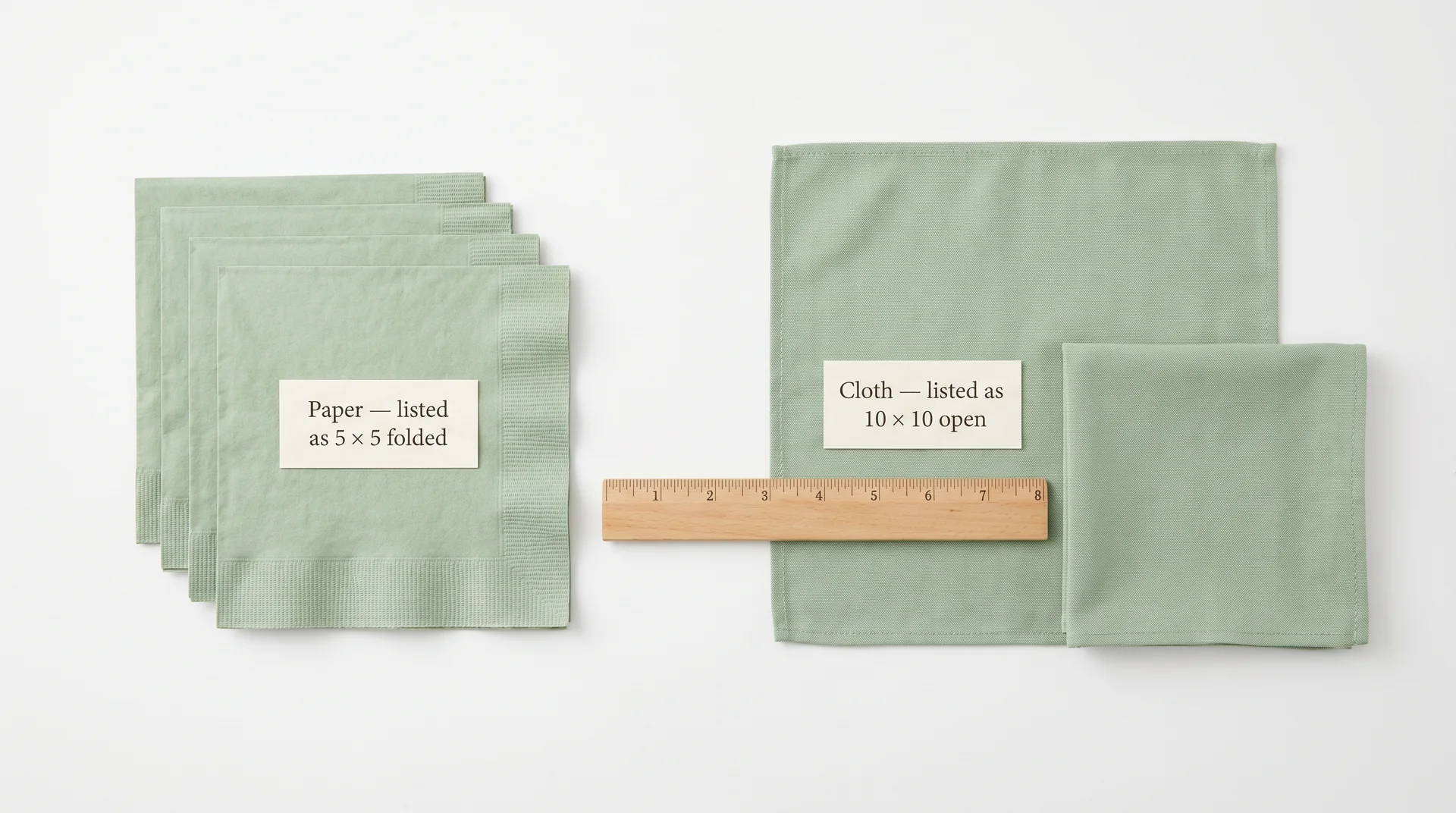 Paper and cloth cocktail napkins compared side by side, both measuring the same 5-inch size when folded
