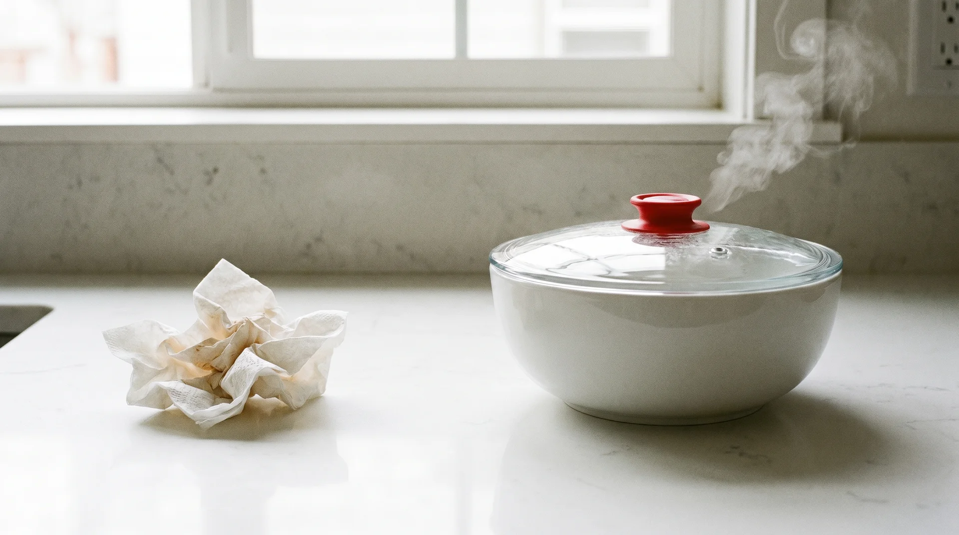 Paper napkin beside a properly lidded ceramic bowl showing the alternative to napkin use for longer microwave sessions