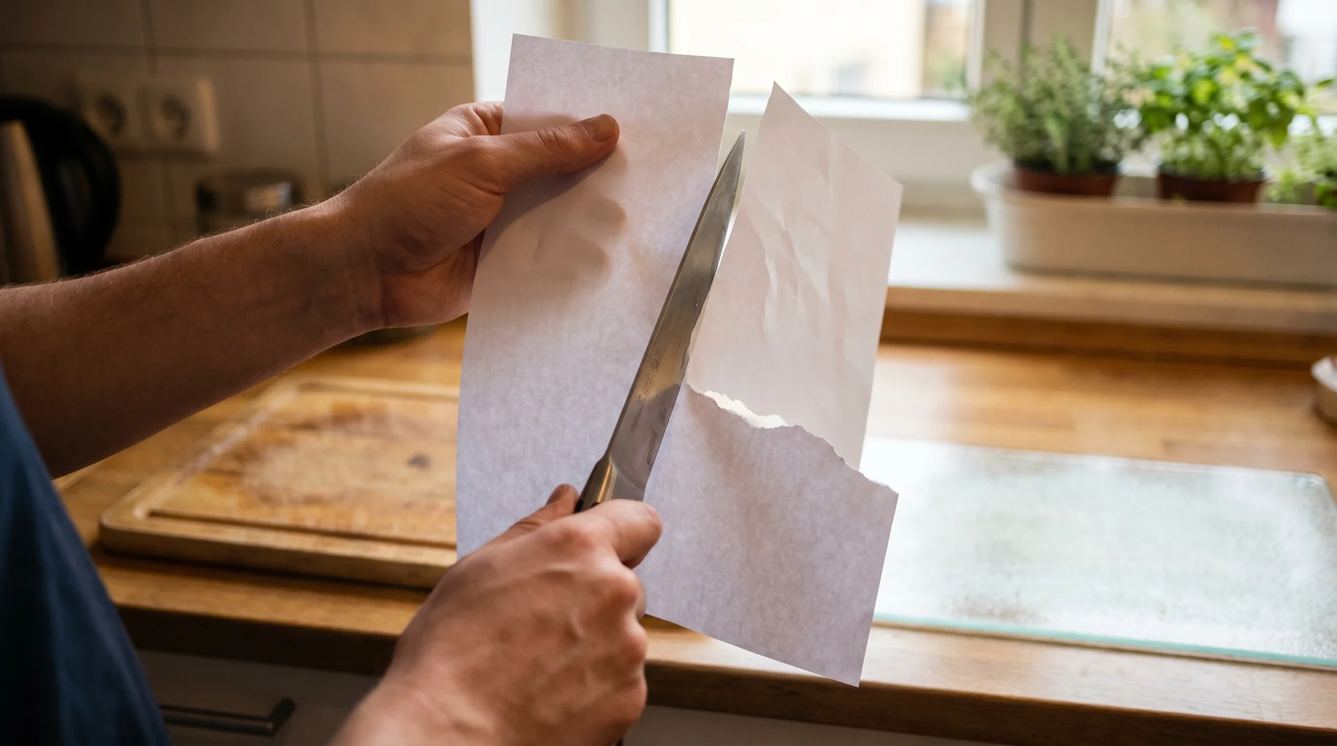 Paper test showing a knife cutting cleanly on one side and tearing on the other, indicating blade edge damage 