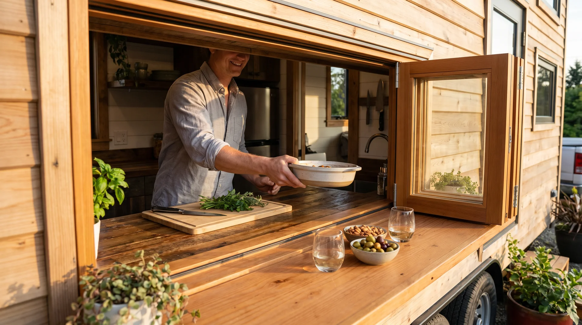 Pass-through window in tiny house kitchen with interior counter extending to exterior sill used as outdoor serving surface

