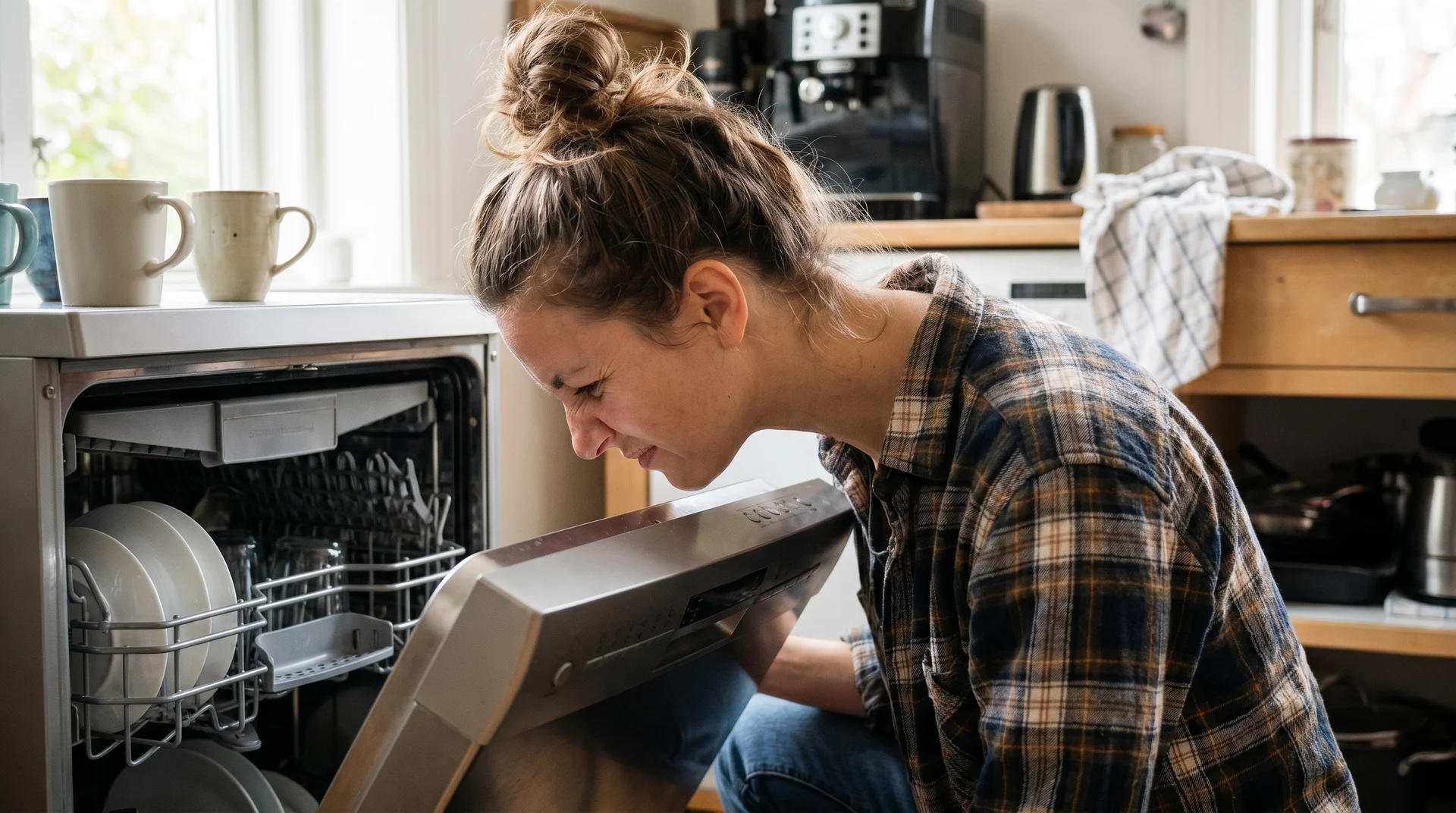 Person detecting burning smell from open dishwasher in home kitchen