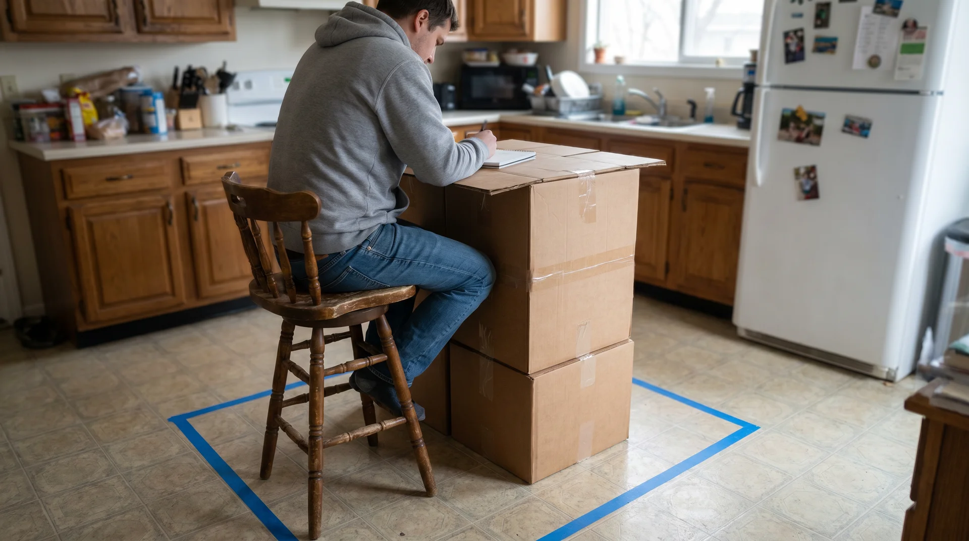Person seated on stool at cardboard box mock-up of kitchen island with painter's tape footprint on kitchen floor