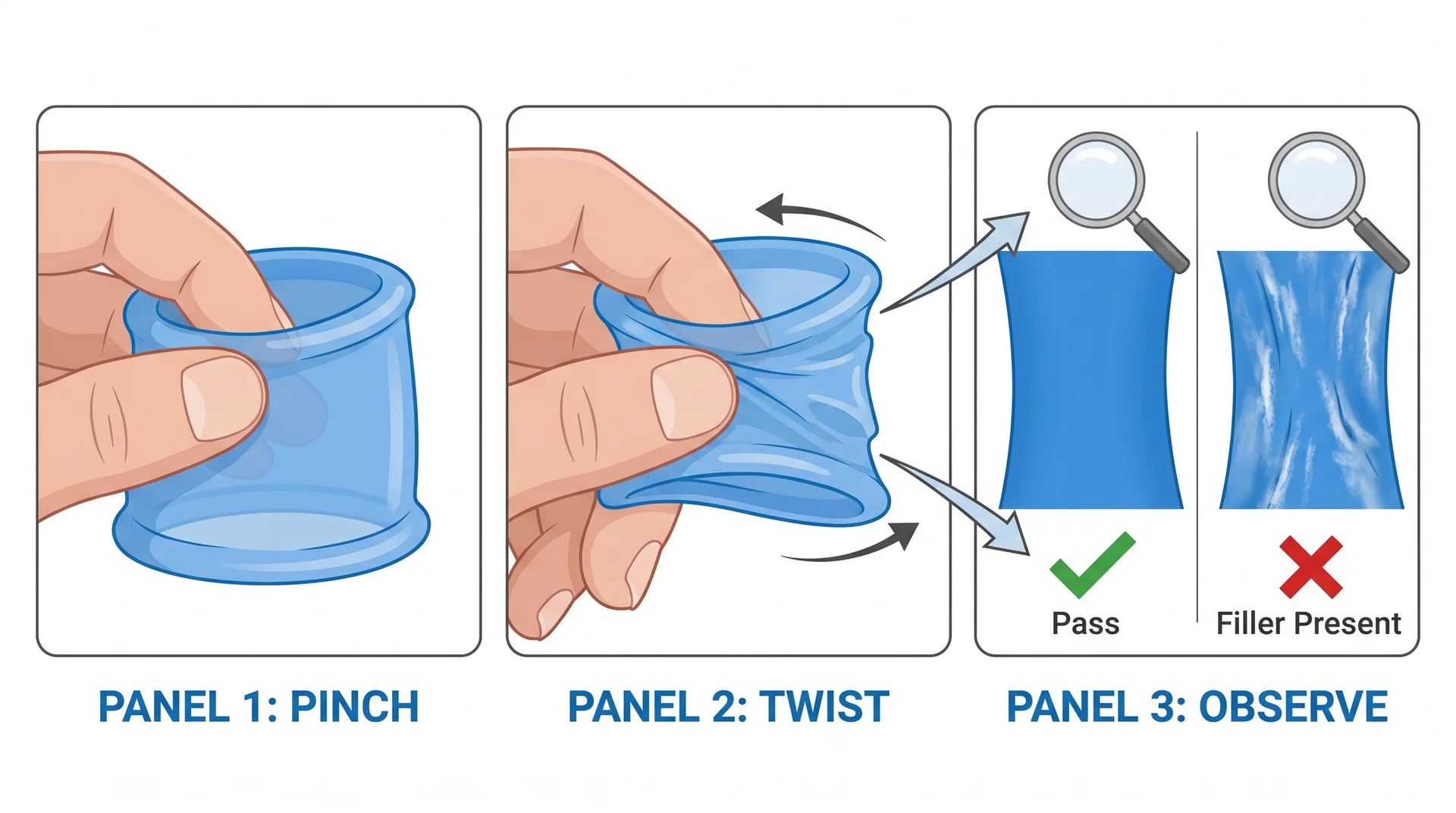 Pinch test for silicone filler detection — three-step process diagram showing pass and fail results 