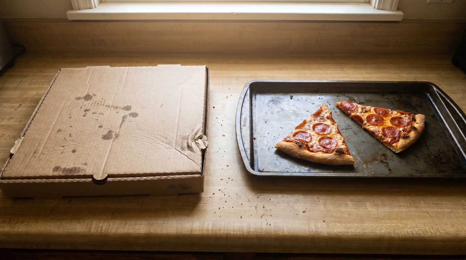 Pizza delivery box on counter next to pizza slices transferred to a baking sheet 