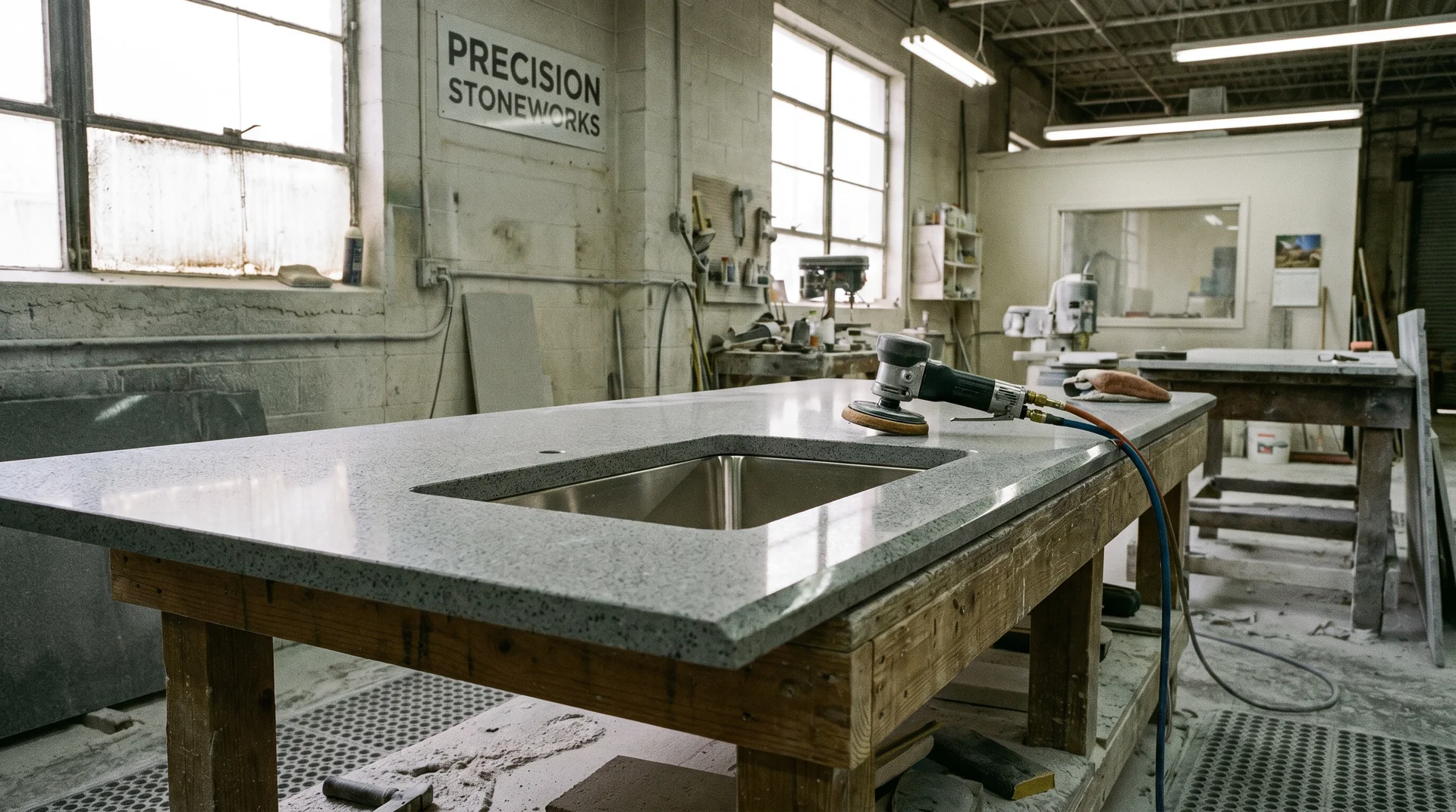 Polished granite countertop cutout in fabricator workshop showing finished edge required for undermount sink installation
