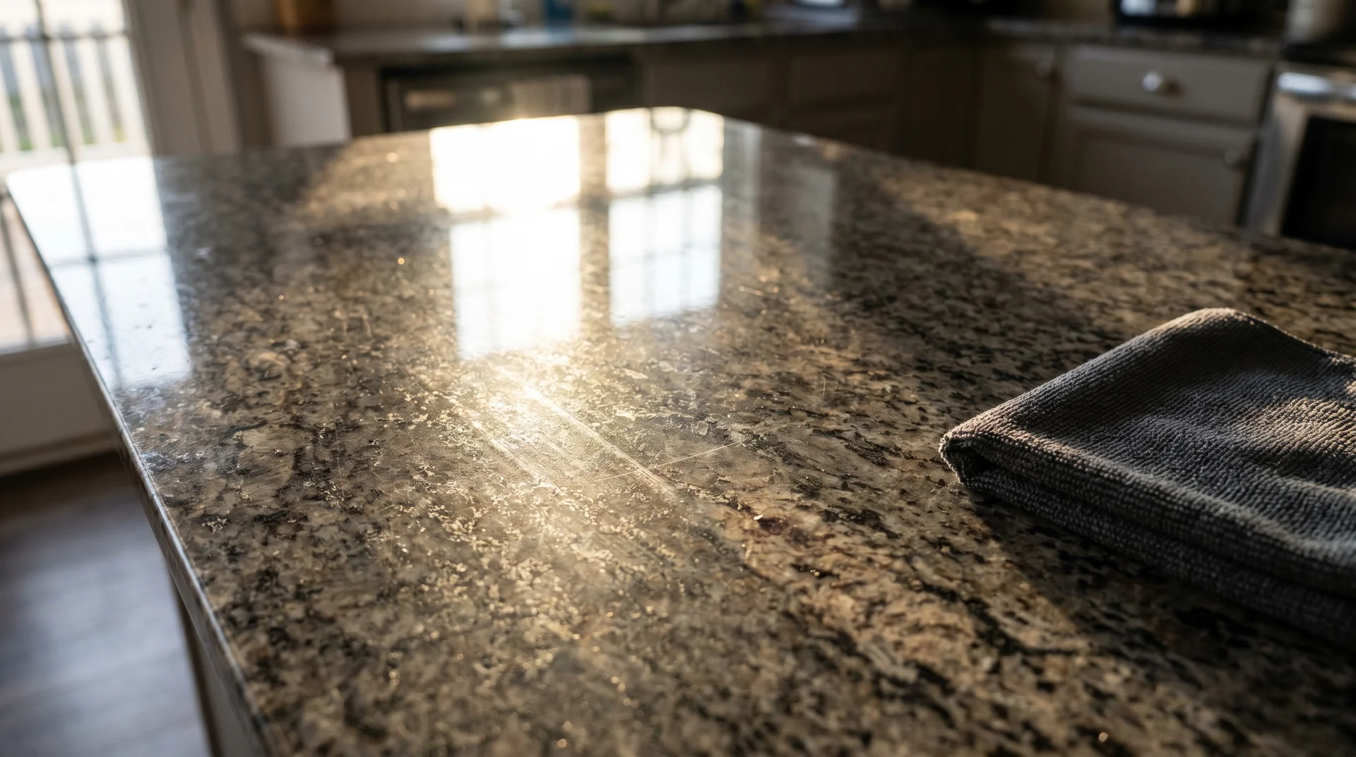 Polished granite countertop with strong specular light highlighting surface shine