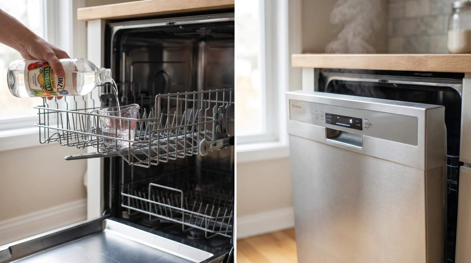 Pouring white vinegar into a measuring cup on the dishwasher rack, then closing the door to run the sanitizing cycle