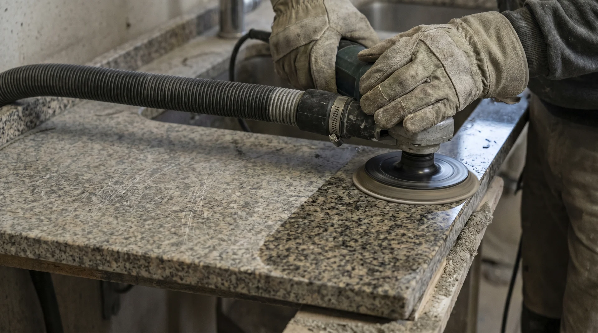 Professional stone restoration specialist using diamond-grit polishing tool to resurface scratched granite countertop