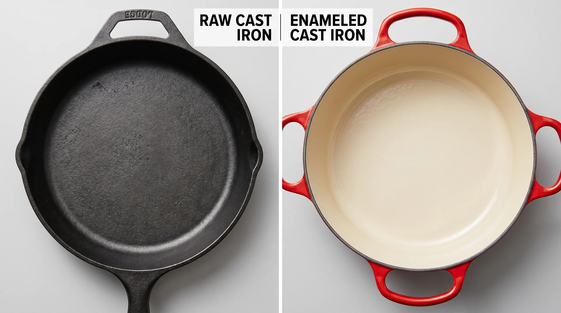 Raw cast iron skillet alongside enameled cast iron dutch oven showing different interior surface finishes