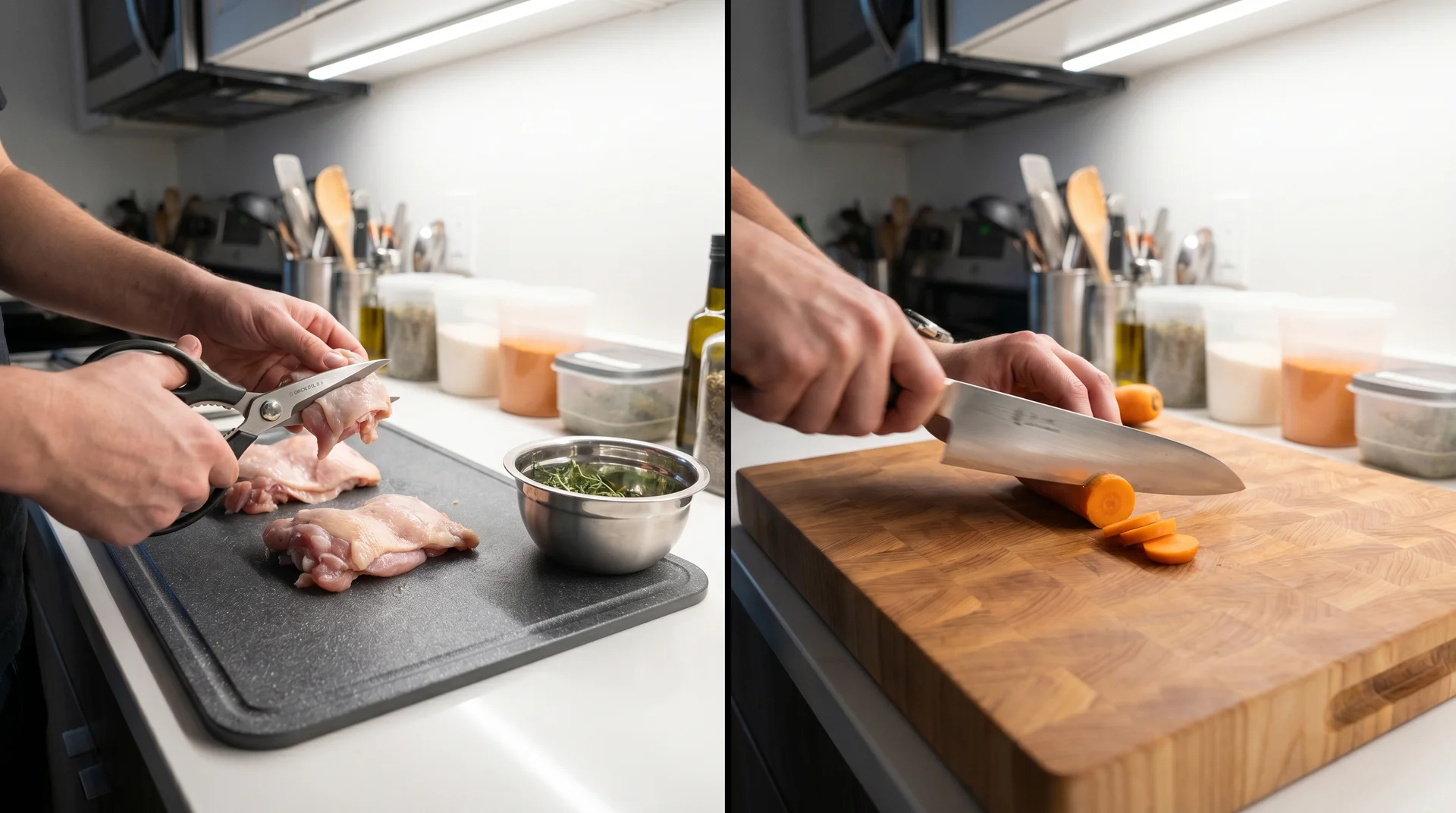 Raw protein prep on titanium board contrasted with Japanese knife work on end-grain maple
