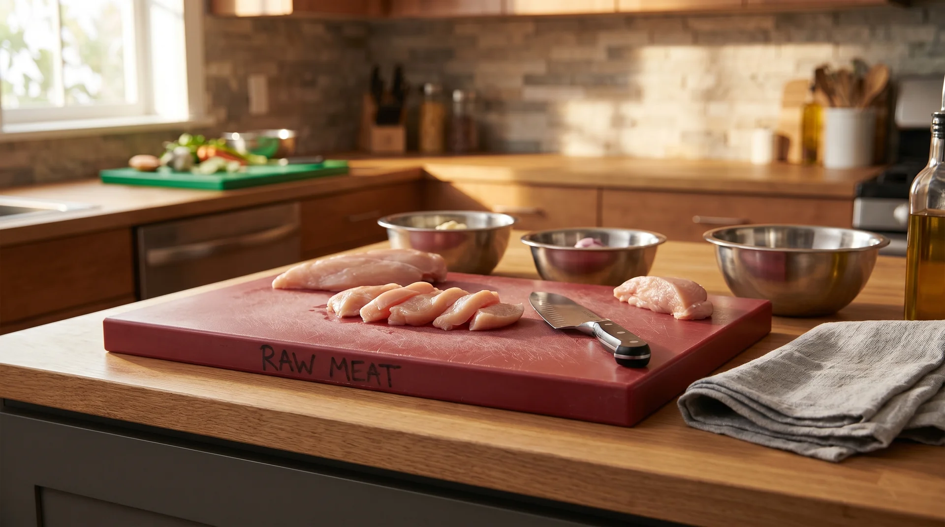 Red HDPE cutting board used for raw meat preparation