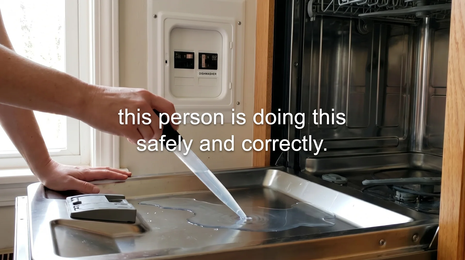 Removing standing water from a dishwasher tub with a turkey baster before beginning repairs
