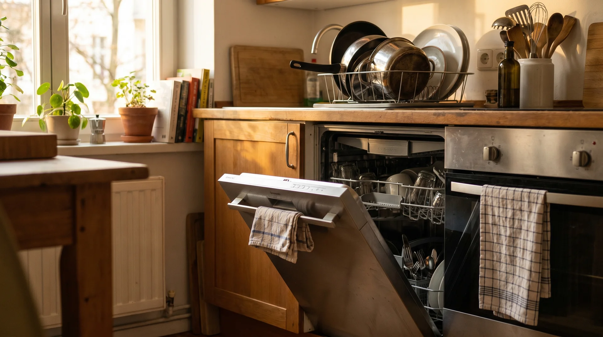 Residential dishwasher door left ajar after a cycle to allow interior drying and prevent mold