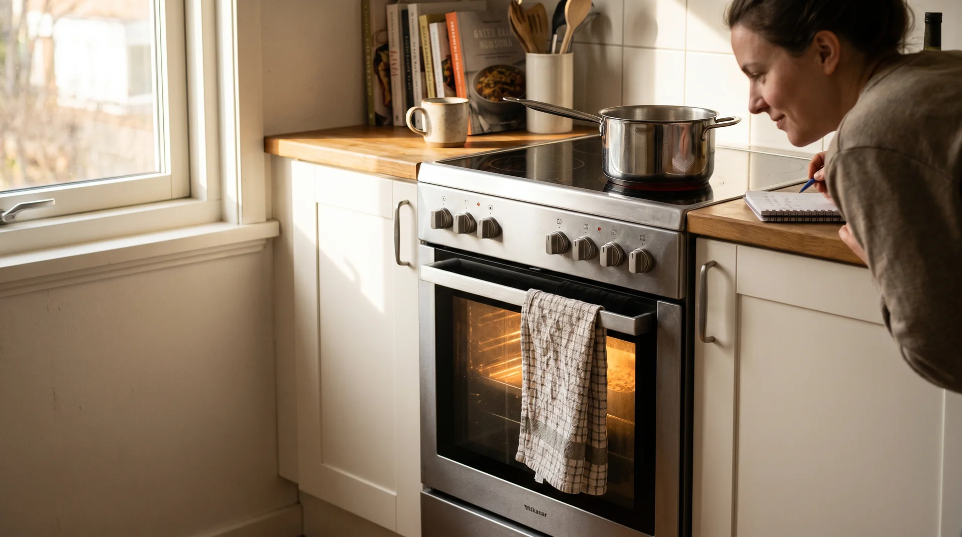 Residential kitchen oven with interior light on, viewed from the front in a lived-in kitchen